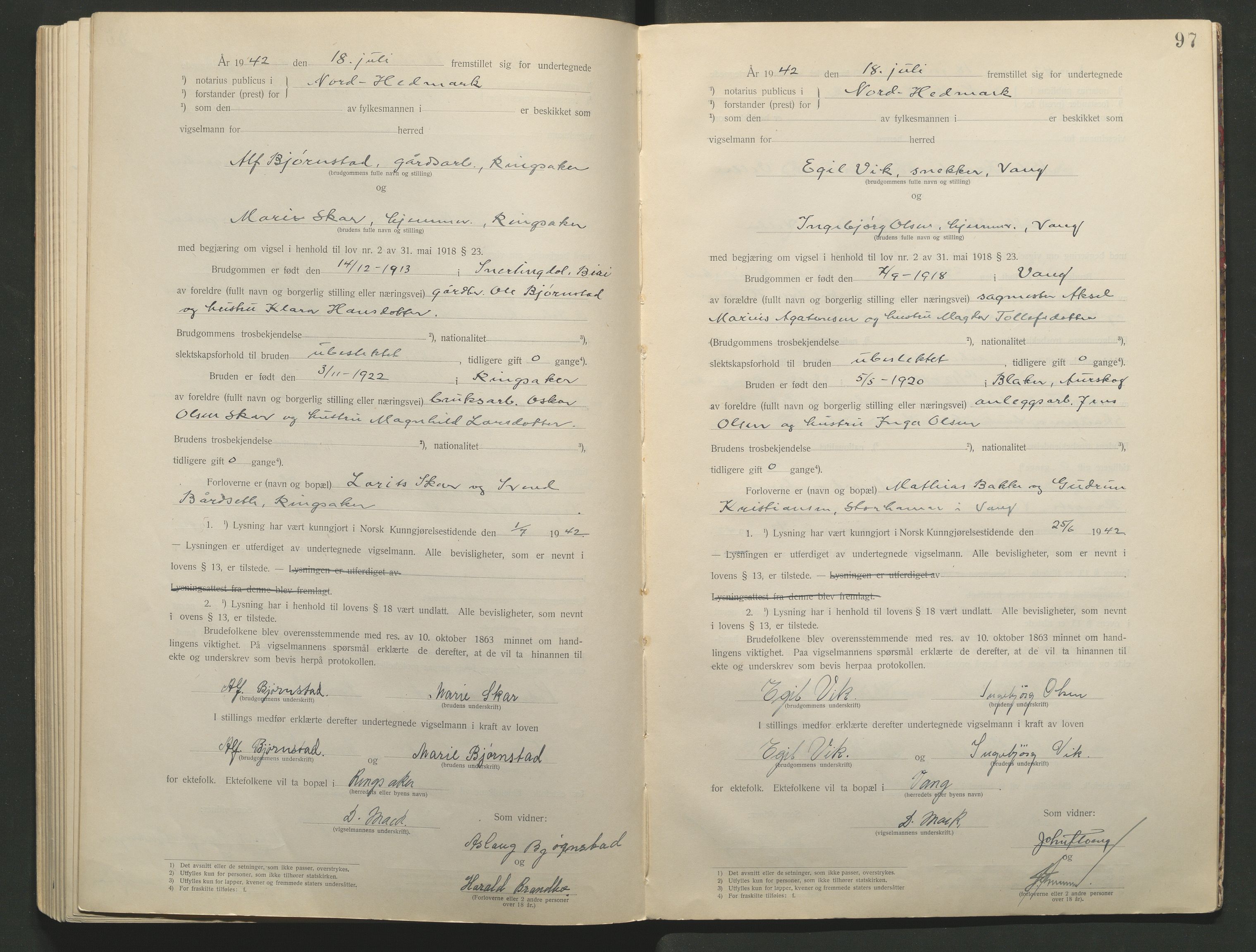 Nord-Hedmark sorenskriveri, AV/SAH-TING-012/L/Lc/L0001/0001: Vigselsprotokoller / Vigselsprotokoll, 1920-1942, p. 97