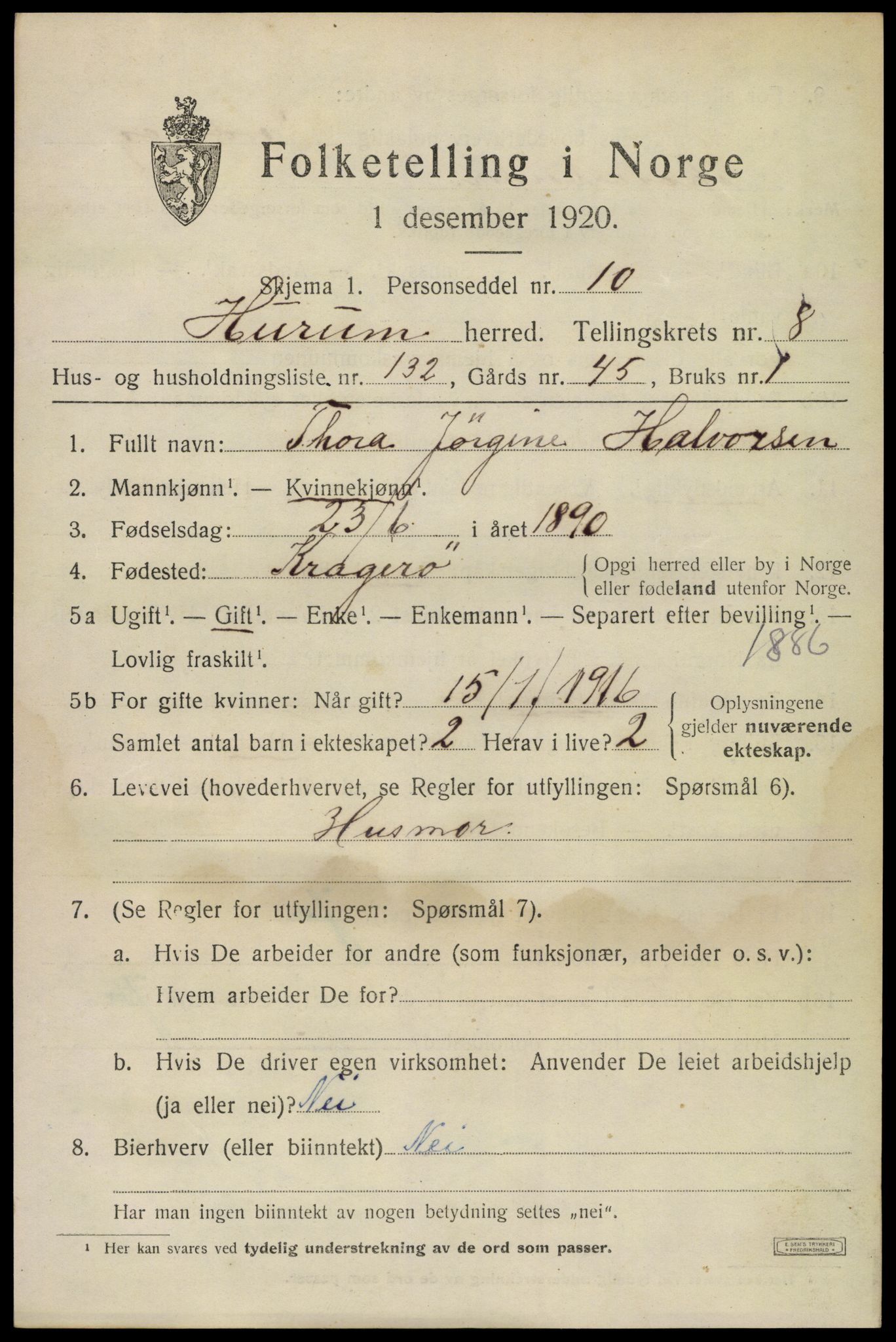 SAKO, 1920 census for Hurum, 1920, p. 11840