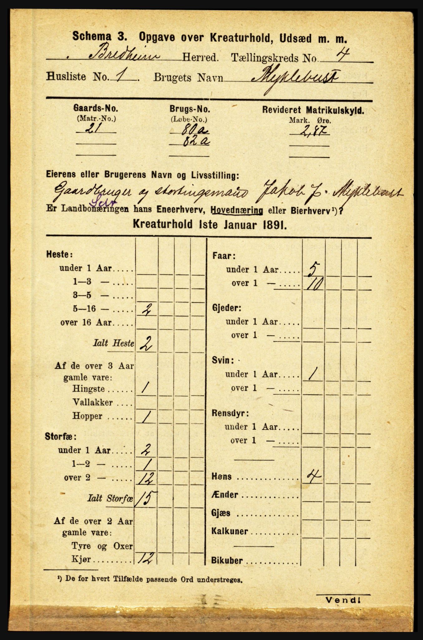 RA, 1891 census for 1446 Breim, 1891, p. 2662