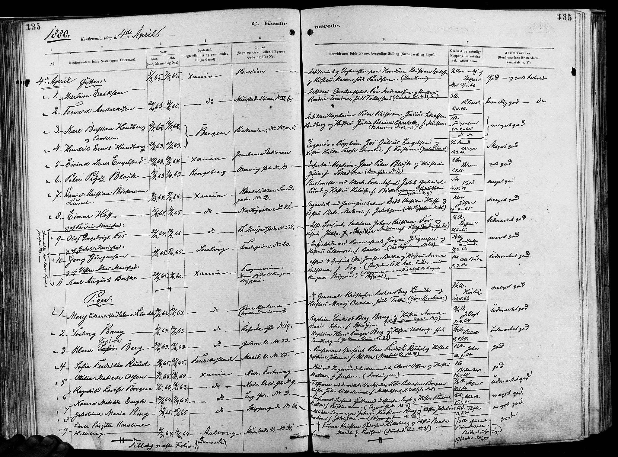 Garnisonsmenigheten Kirkebøker, SAO/A-10846/F/Fa/L0012: Parish register (official) no. 12, 1880-1893, p. 135