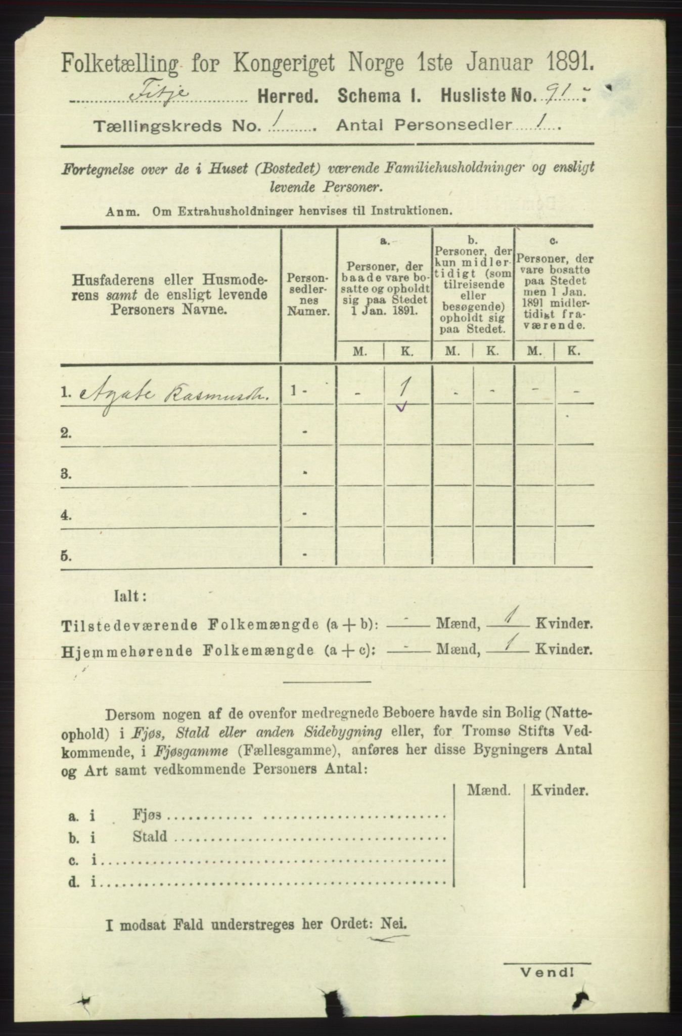 RA, 1891 census for 1222 Fitjar, 1891, p. 110