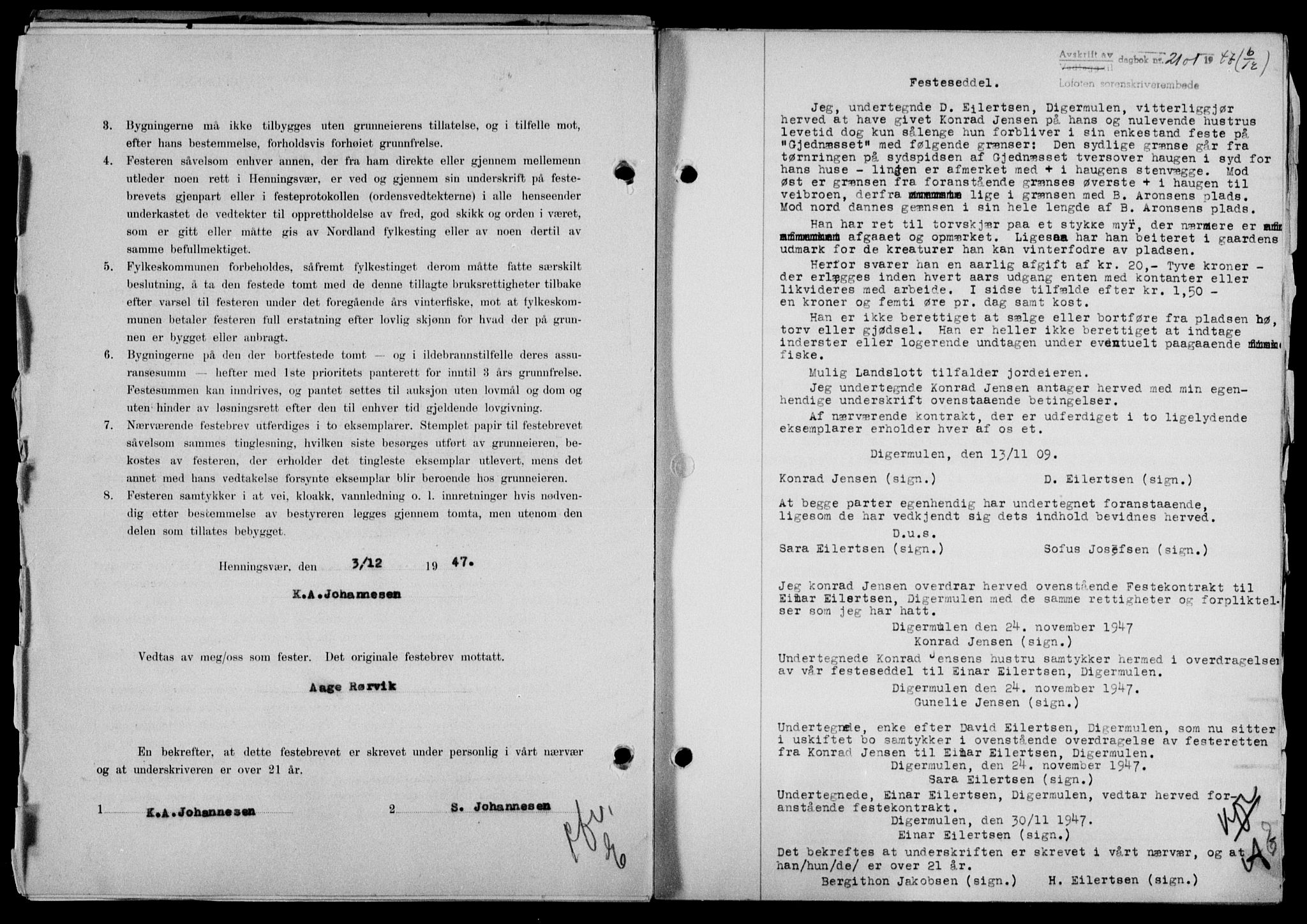 Lofoten sorenskriveri, SAT/A-0017/1/2/2C/L0017a: Mortgage book no. 17a, 1947-1948, Diary no: : 2101/1947