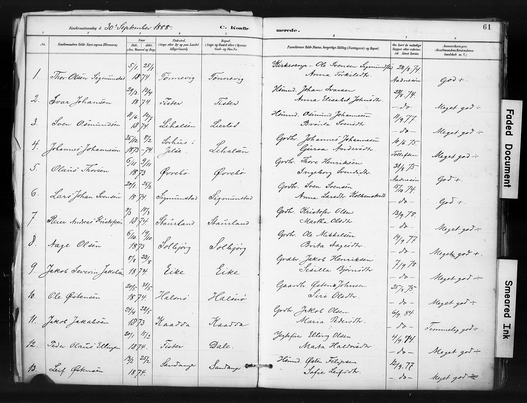 Hjelmeland sokneprestkontor, AV/SAST-A-101843/01/IV/L0015: Parish register (official) no. A 15, 1887-1910, p. 61