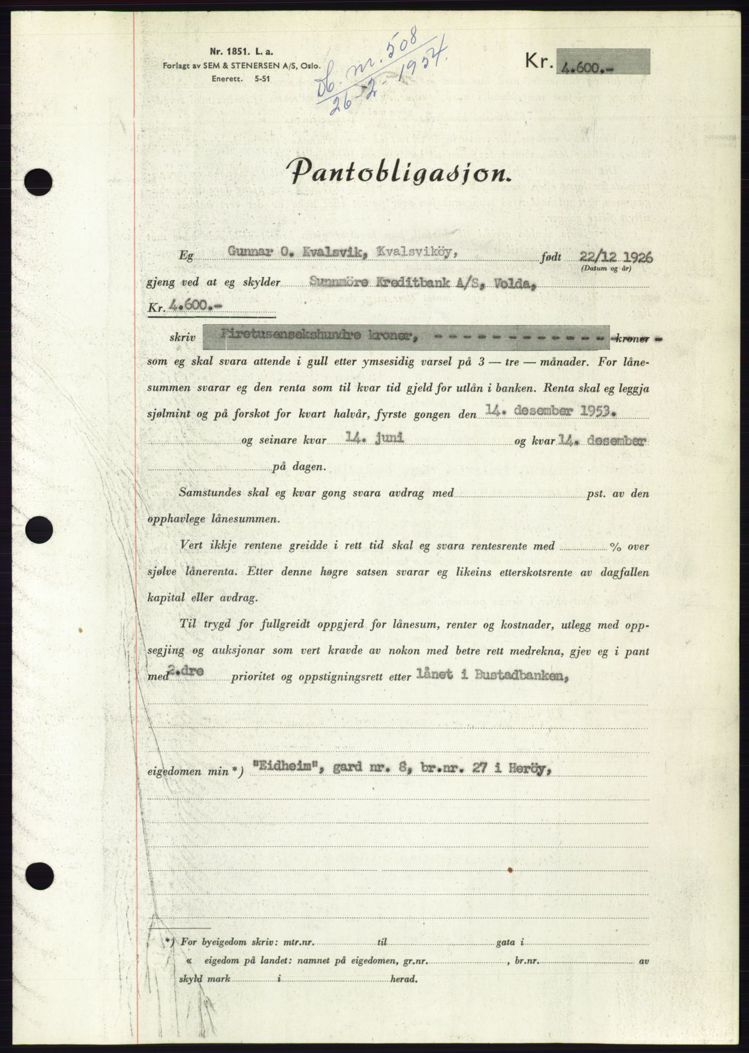 Søre Sunnmøre sorenskriveri, AV/SAT-A-4122/1/2/2C/L0124: Mortgage book no. 12B, 1953-1954, Diary no: : 508/1954