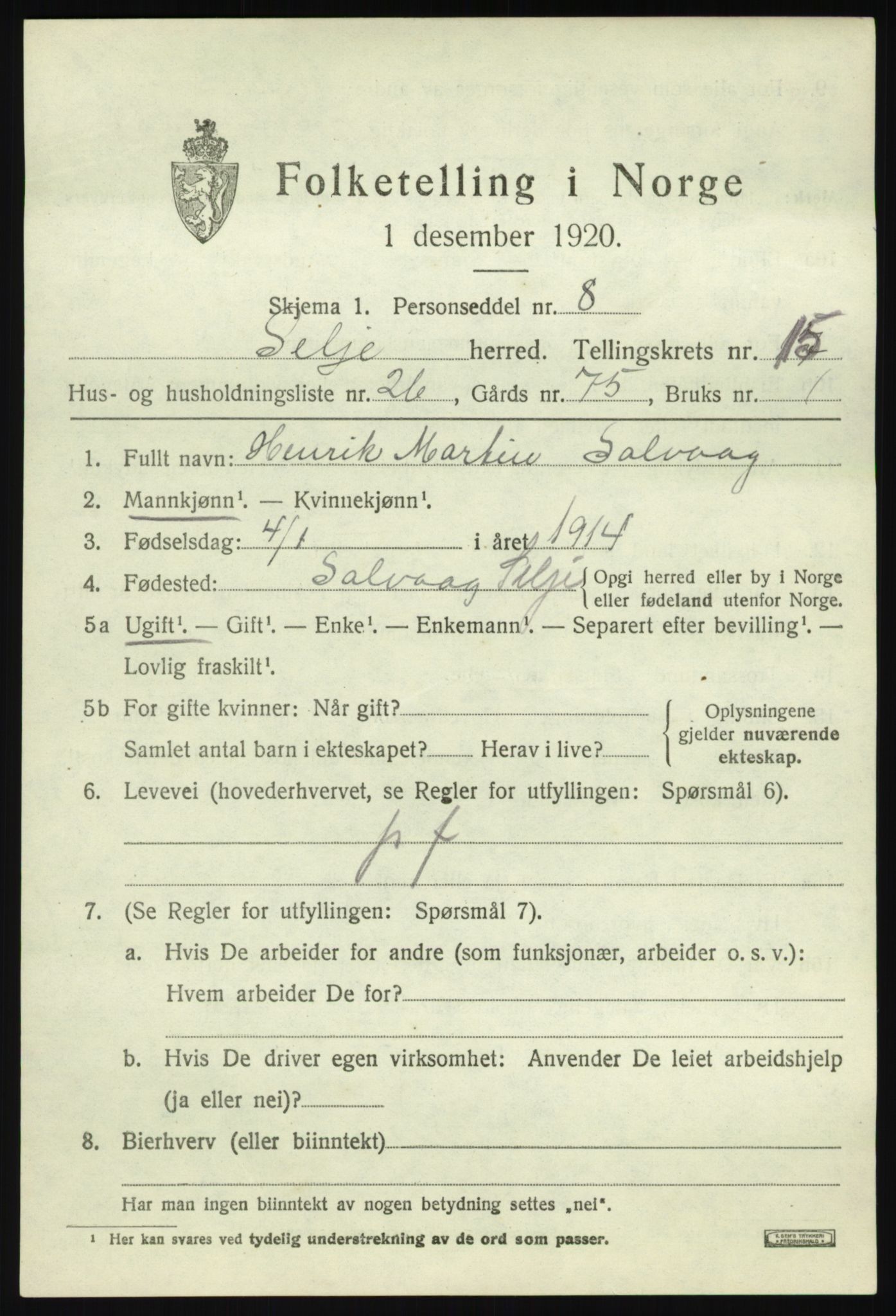 SAB, 1920 census for Selje, 1920, p. 7149