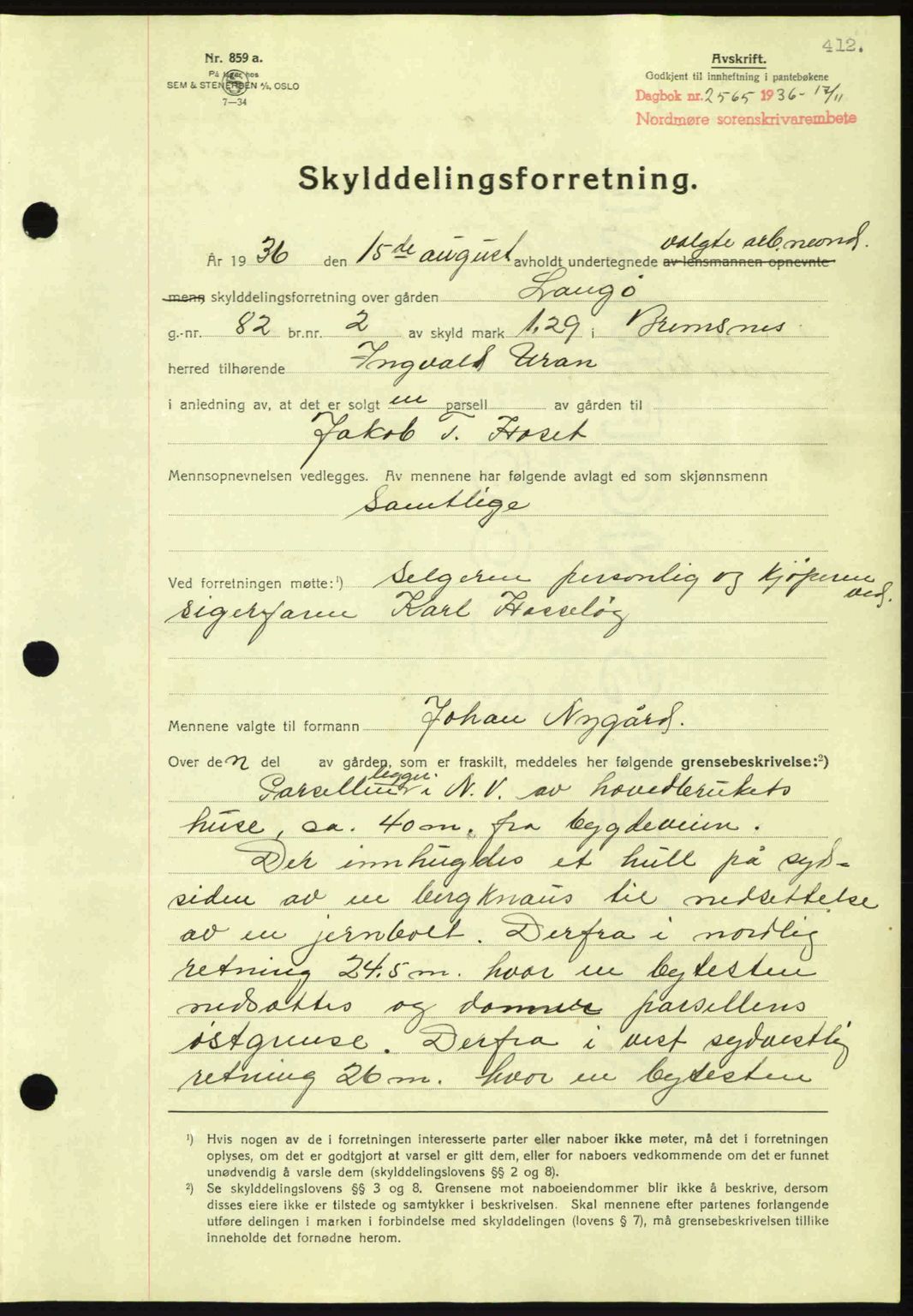 Nordmøre sorenskriveri, AV/SAT-A-4132/1/2/2Ca: Mortgage book no. A80, 1936-1937, Diary no: : 2565/1936