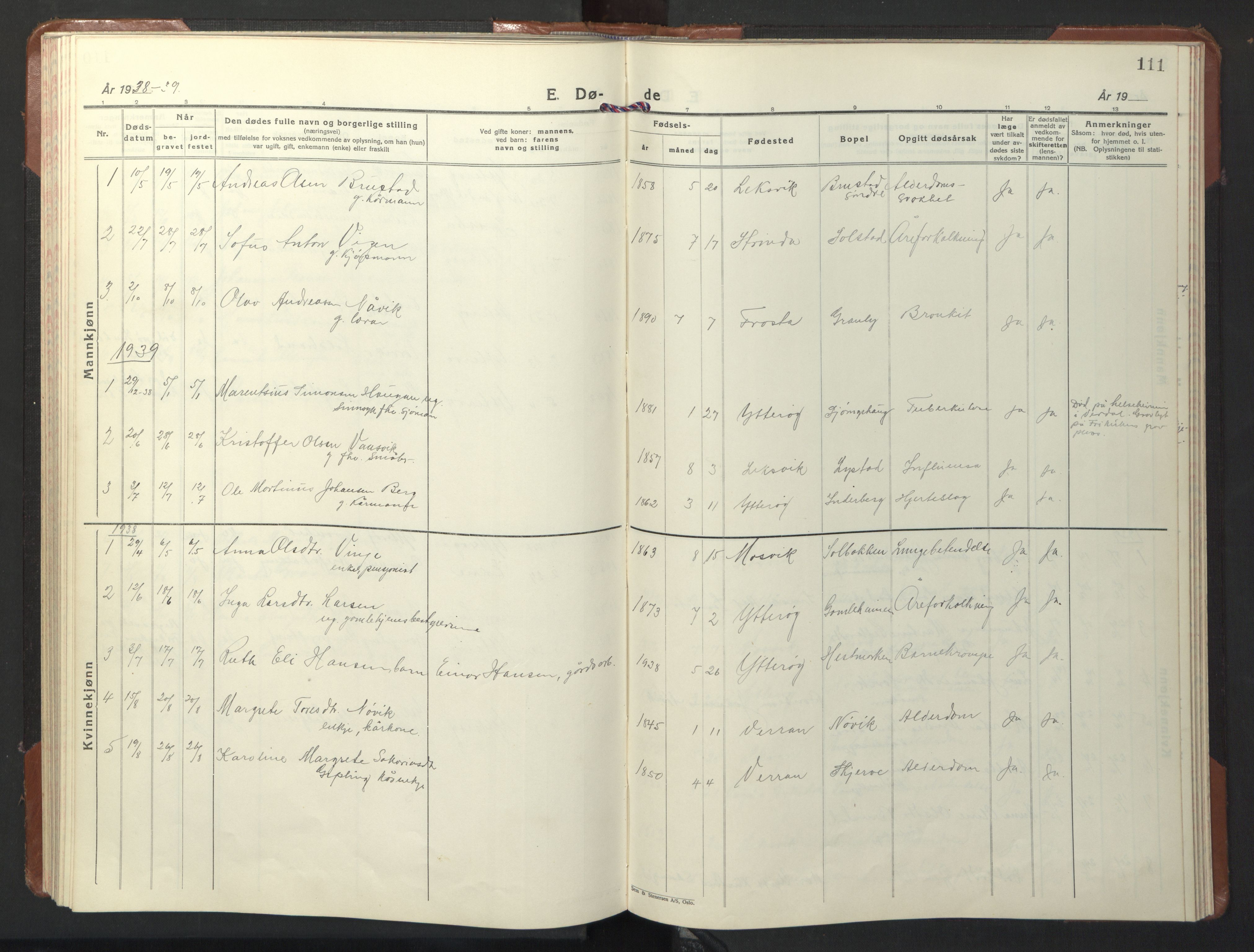 Ministerialprotokoller, klokkerbøker og fødselsregistre - Nord-Trøndelag, SAT/A-1458/722/L0227: Parish register (copy) no. 722C03, 1928-1958, p. 111