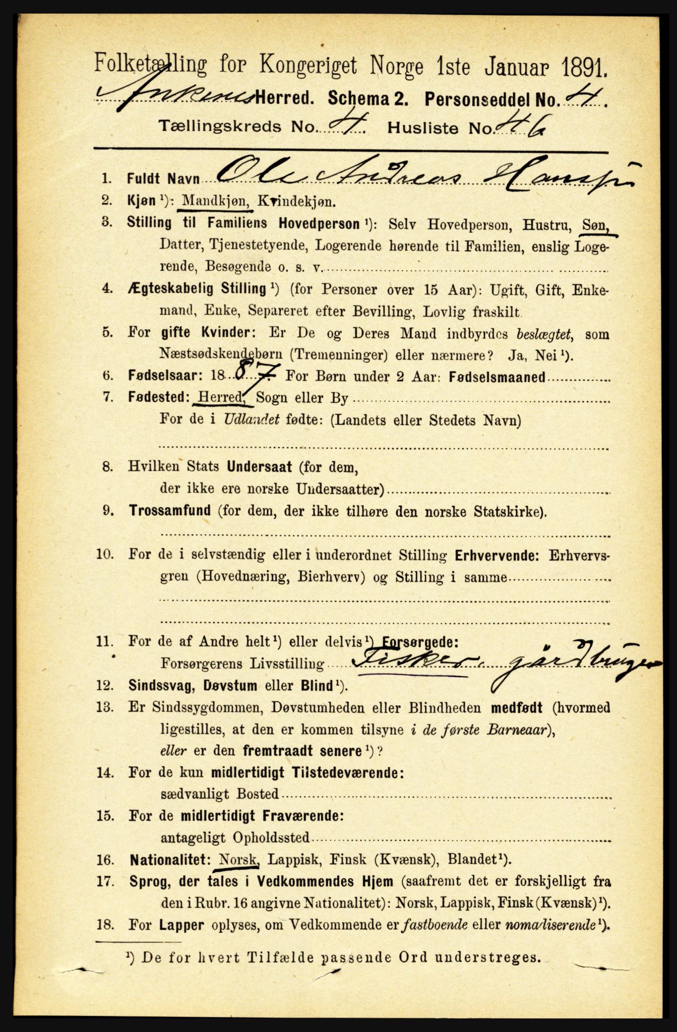 RA, 1891 census for 1855 Ankenes, 1891, p. 2619