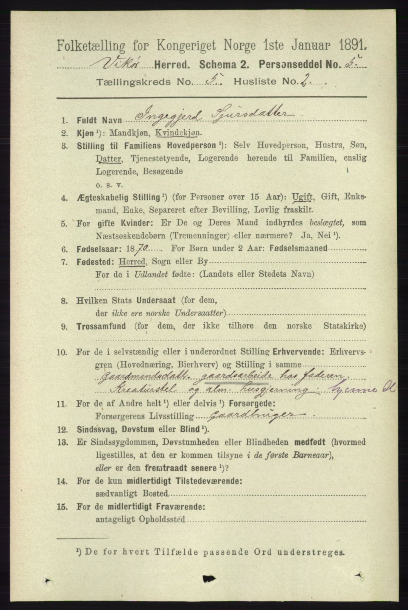 RA, 1891 census for 1238 Vikør, 1891, p. 1426