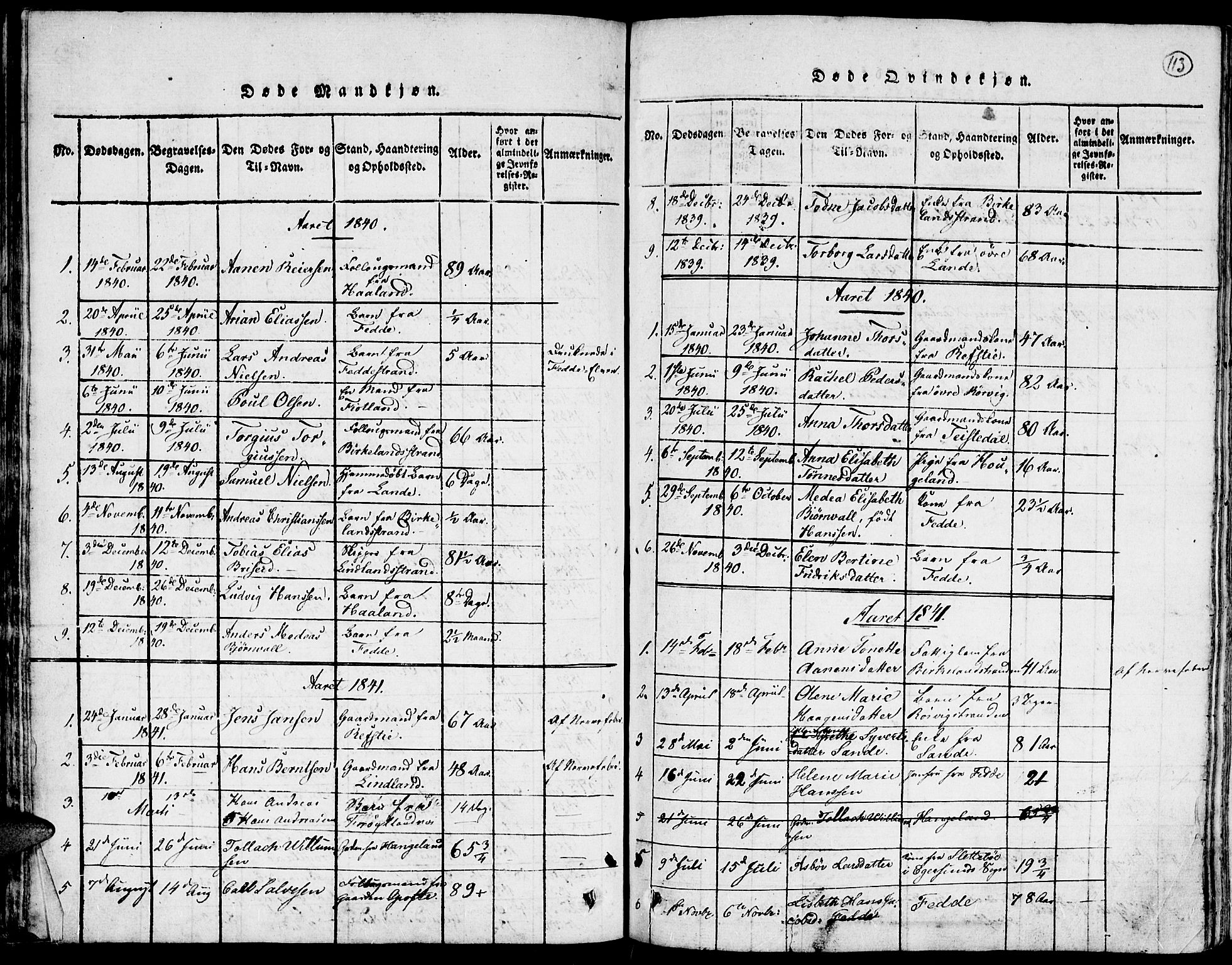 Kvinesdal sokneprestkontor, SAK/1111-0026/F/Fa/Faa/L0001: Parish register (official) no. A 1, 1815-1849, p. 113