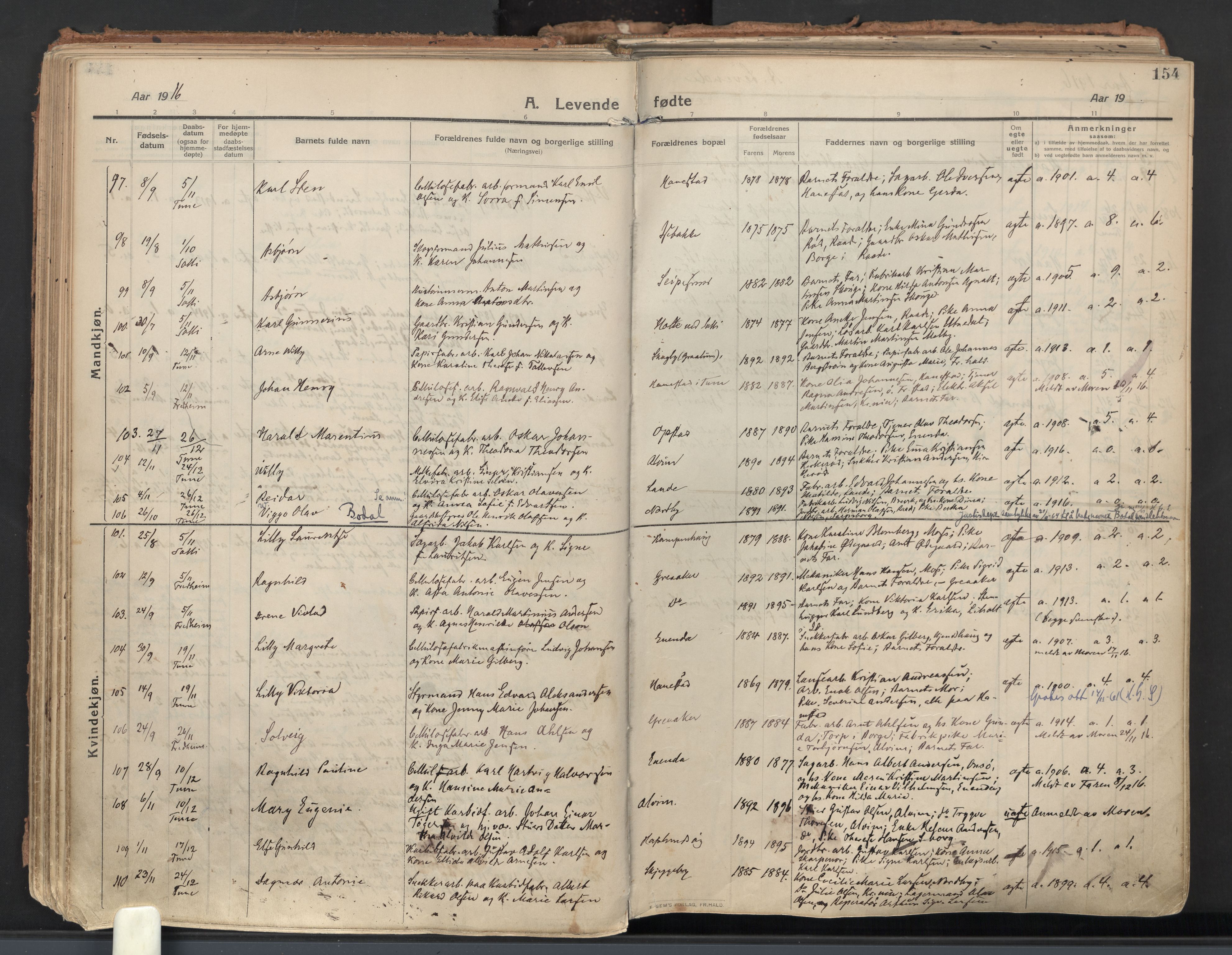 Tune prestekontor Kirkebøker, AV/SAO-A-2007/F/Fa/L0021: Parish register (official) no. 21, 1910-1916, p. 154