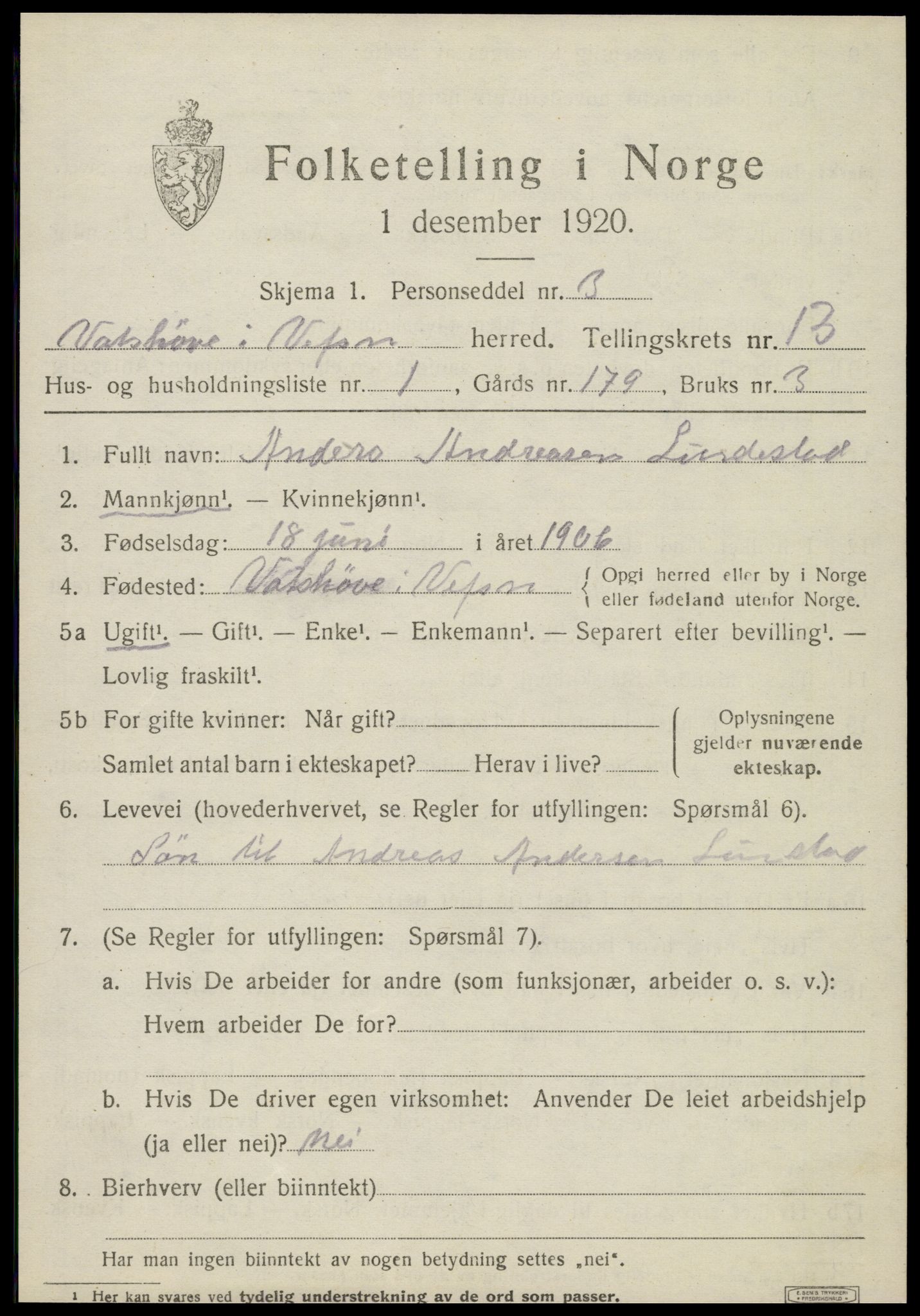 SAT, 1920 census for Vefsn, 1920, p. 10155