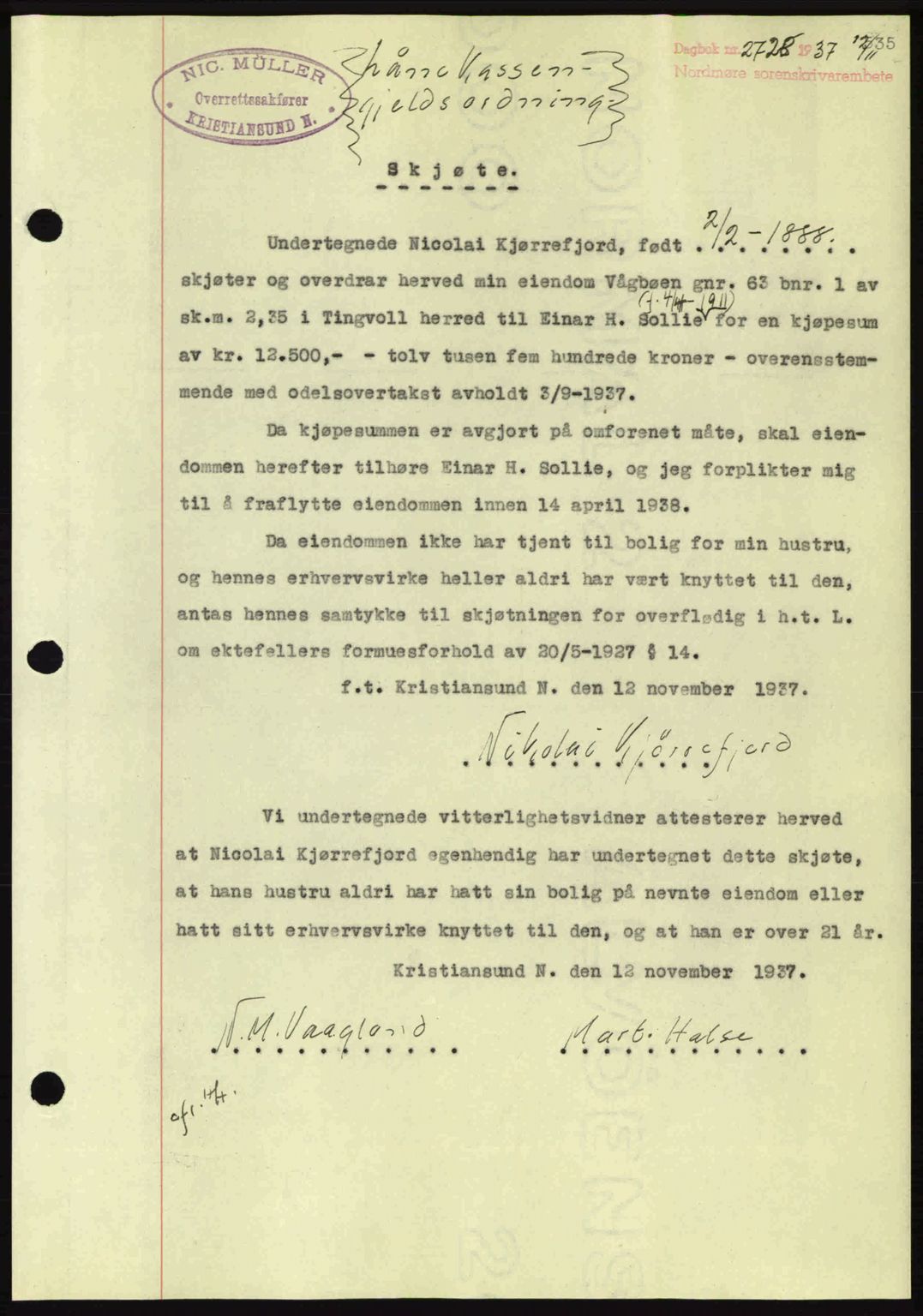 Nordmøre sorenskriveri, SAT/A-4132/1/2/2Ca: Mortgage book no. A82, 1937-1938, Diary no: : 2728/1937