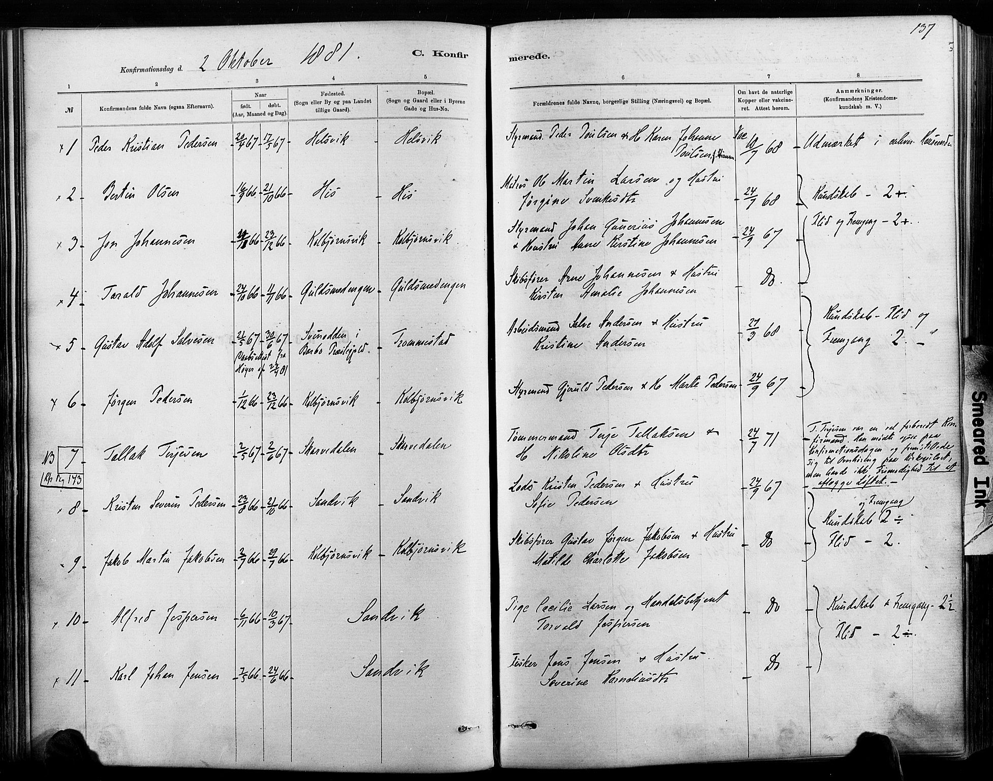 Hisøy sokneprestkontor, SAK/1111-0020/F/Fa/L0003: Parish register (official) no. A 3, 1881-1894, p. 137