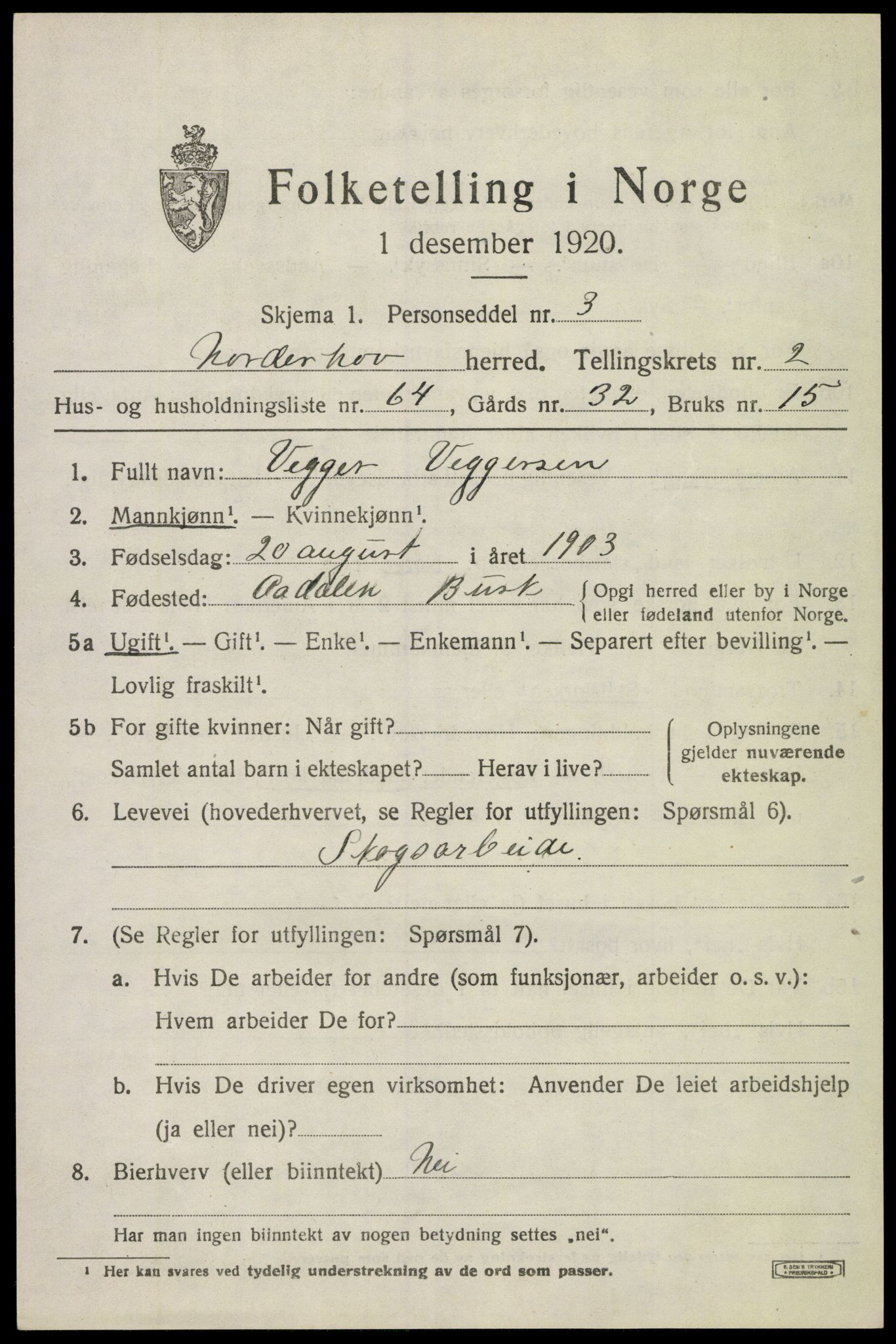 SAKO, 1920 census for Norderhov, 1920, p. 5226