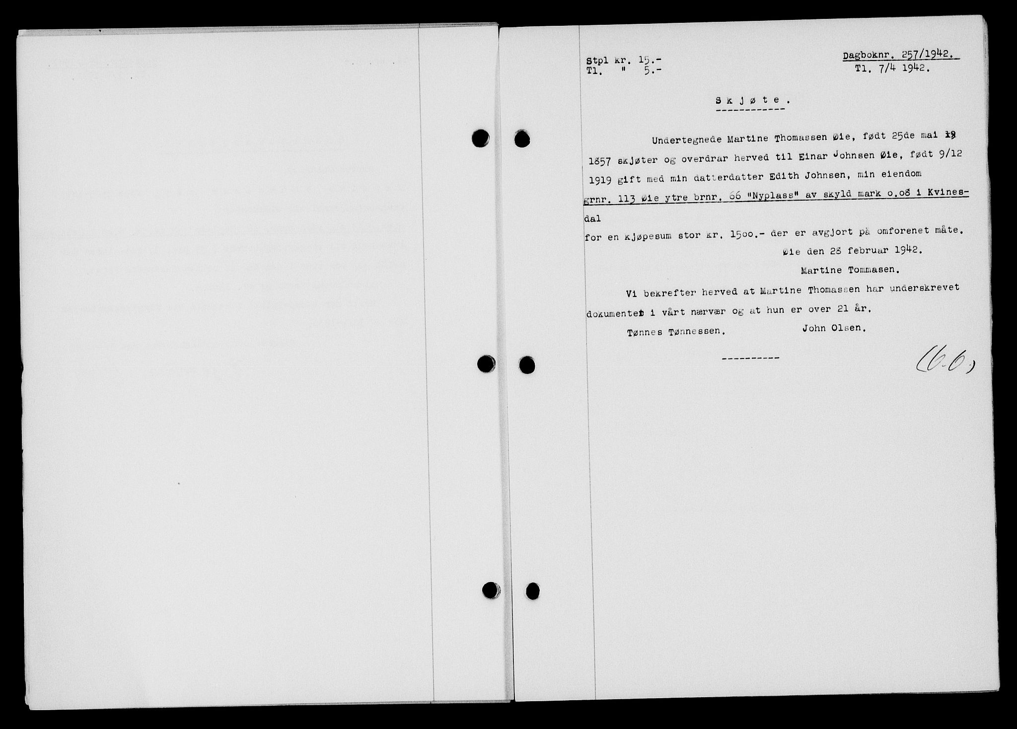 Flekkefjord sorenskriveri, SAK/1221-0001/G/Gb/Gba/L0057: Mortgage book no. A-5, 1941-1942, Diary no: : 257/1942