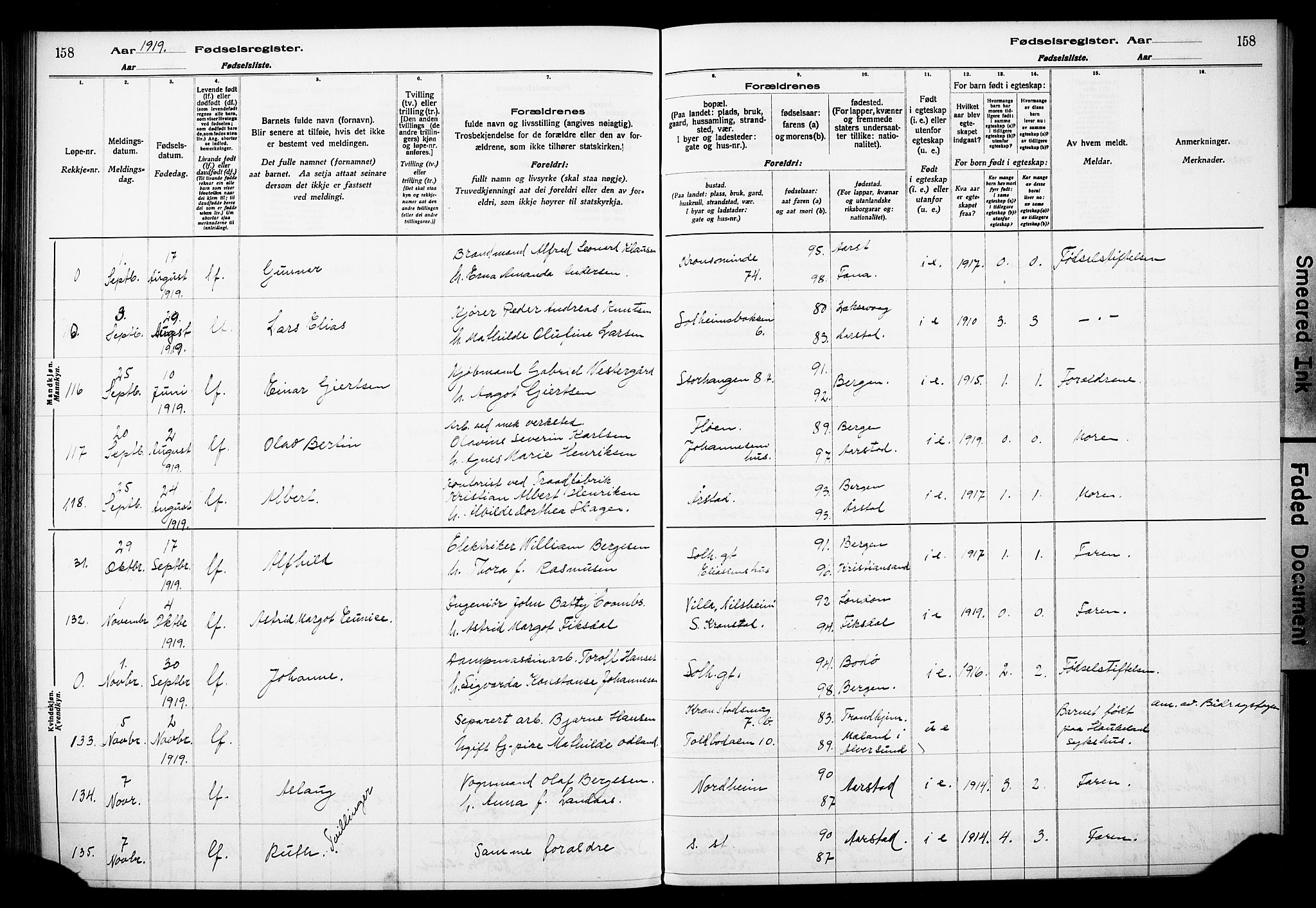 Årstad Sokneprestembete, AV/SAB-A-79301/I/Id/L0A01: Birth register no. A 1, 1916-1920, p. 158