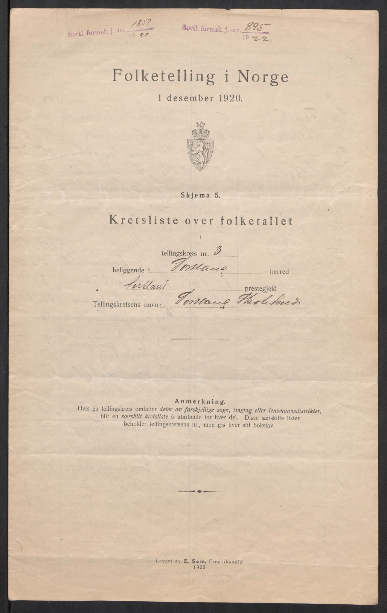 SAT, 1920 census for Sortland, 1920, p. 20