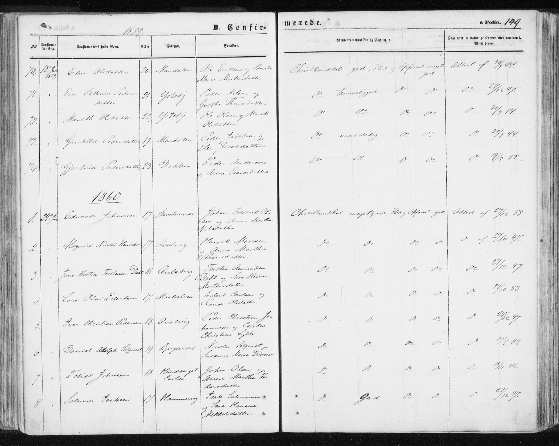 Lyngen sokneprestembete, SATØ/S-1289/H/He/Hea/L0005kirke: Parish register (official) no. 5, 1859-1869, p. 149