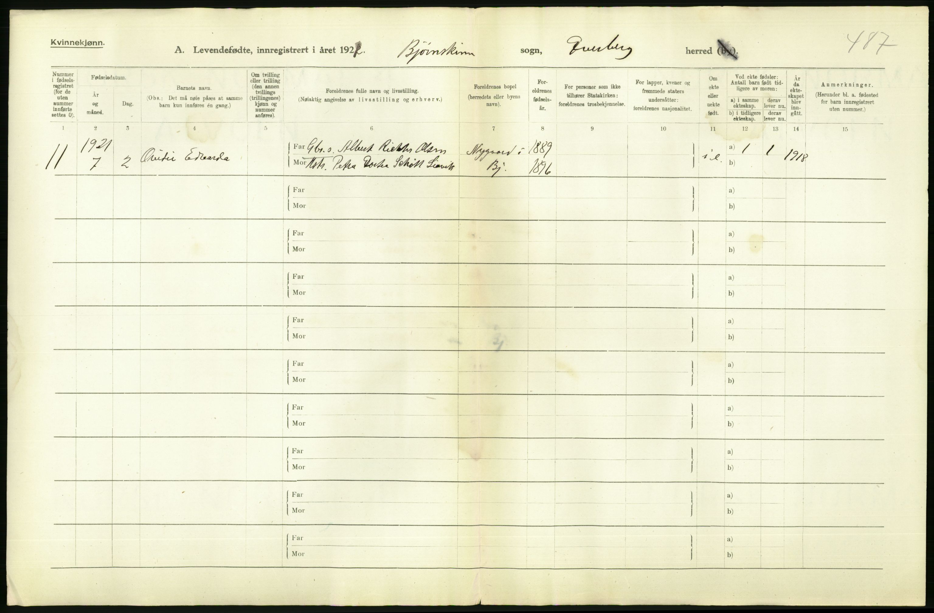 Statistisk sentralbyrå, Sosiodemografiske emner, Befolkning, AV/RA-S-2228/D/Df/Dfc/Dfca/L0049: Nordland fylke: Levendefødte menn og kvinner. Bygder., 1921, p. 452