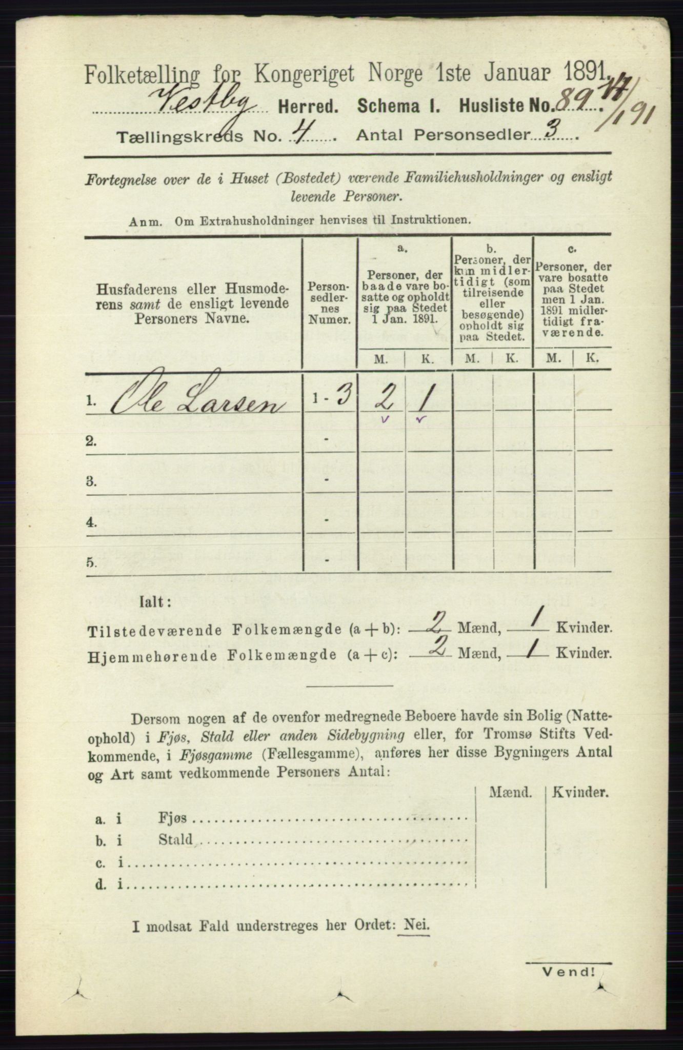 RA, 1891 census for 0211 Vestby, 1891, p. 1568