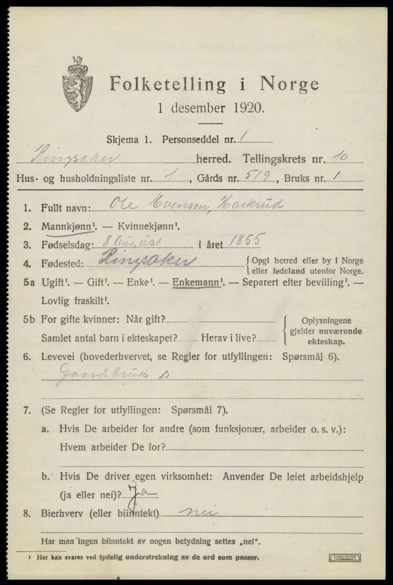 SAH, 1920 census for Ringsaker, 1920, p. 18190