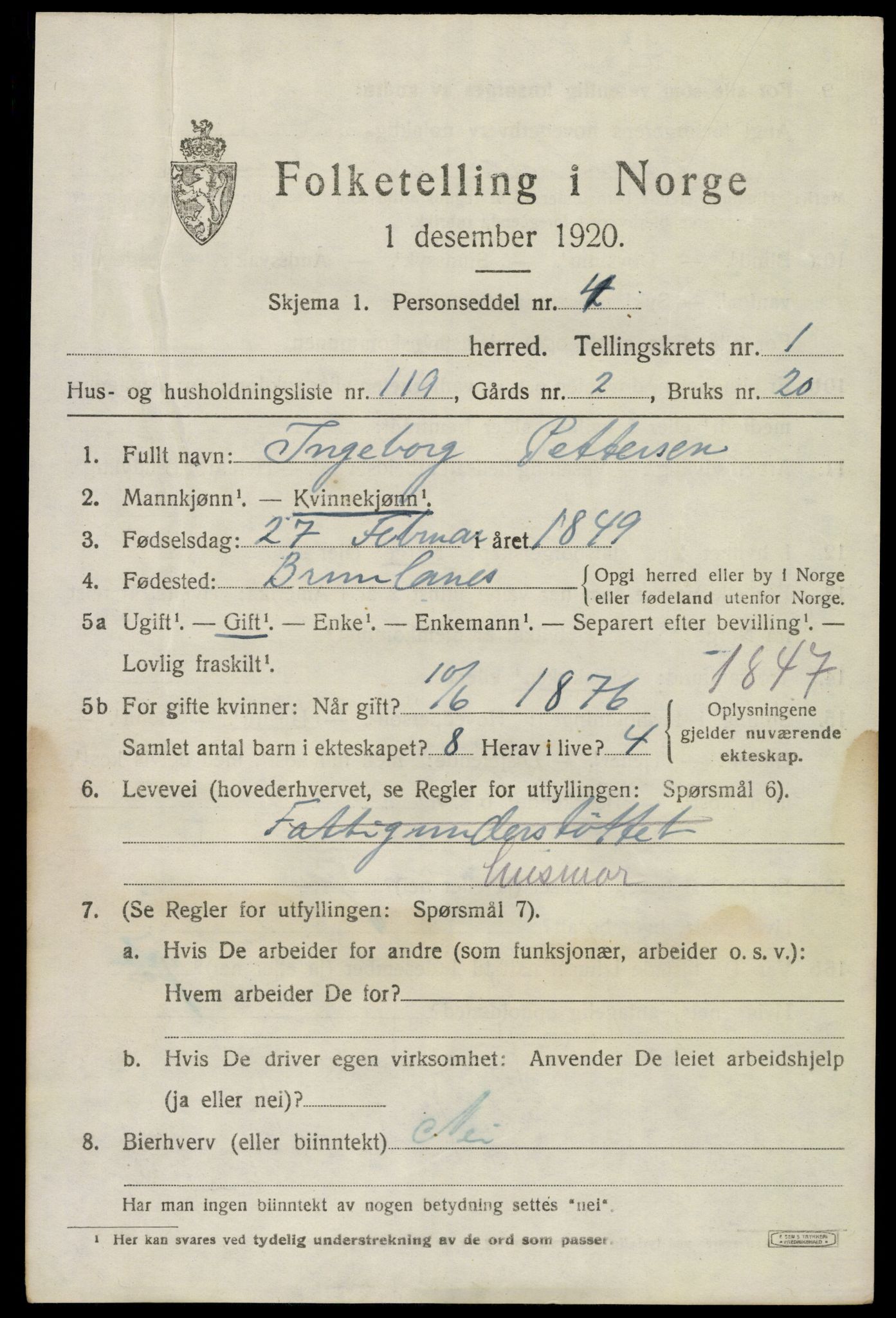 SAKO, 1920 census for Brunlanes, 1920, p. 3317