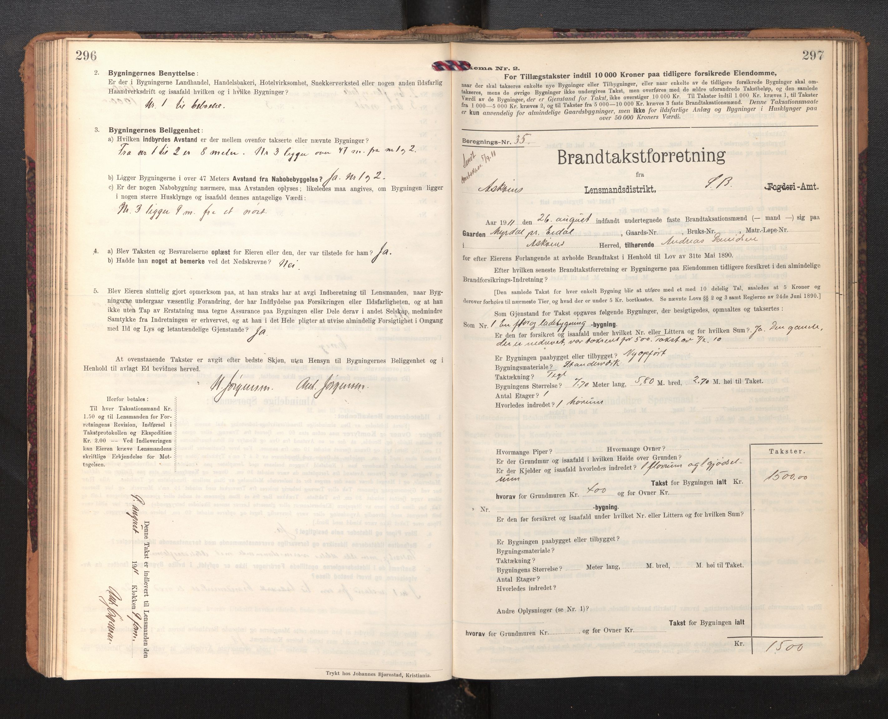 Lensmannen i Askøy, AV/SAB-A-31001/0012/L0007: Branntakstprotokoll, skjematakst, 1910-1919, p. 296-297