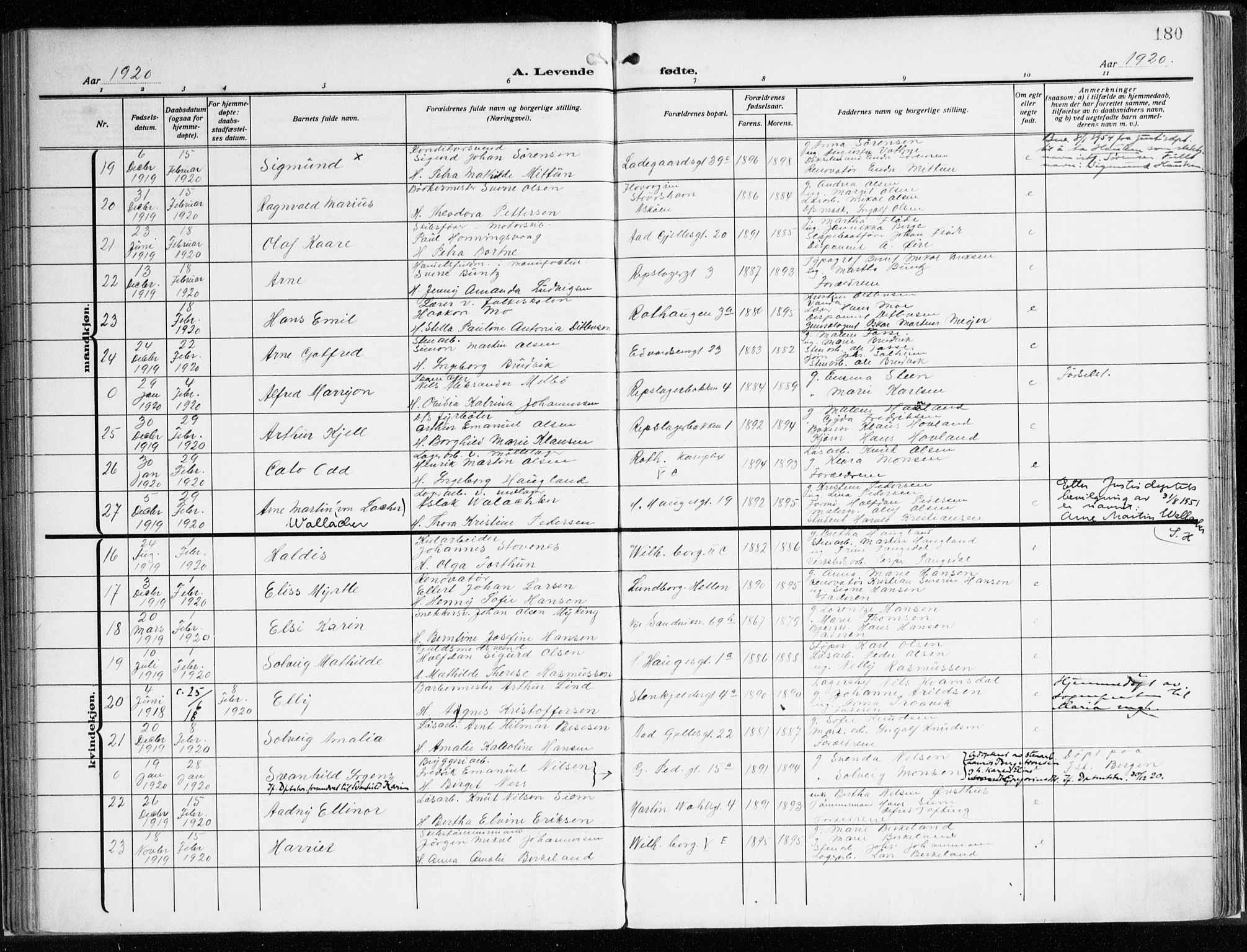 Sandviken Sokneprestembete, AV/SAB-A-77601/H/Ha/L0007: Parish register (official) no. B 4, 1912-1924, p. 180