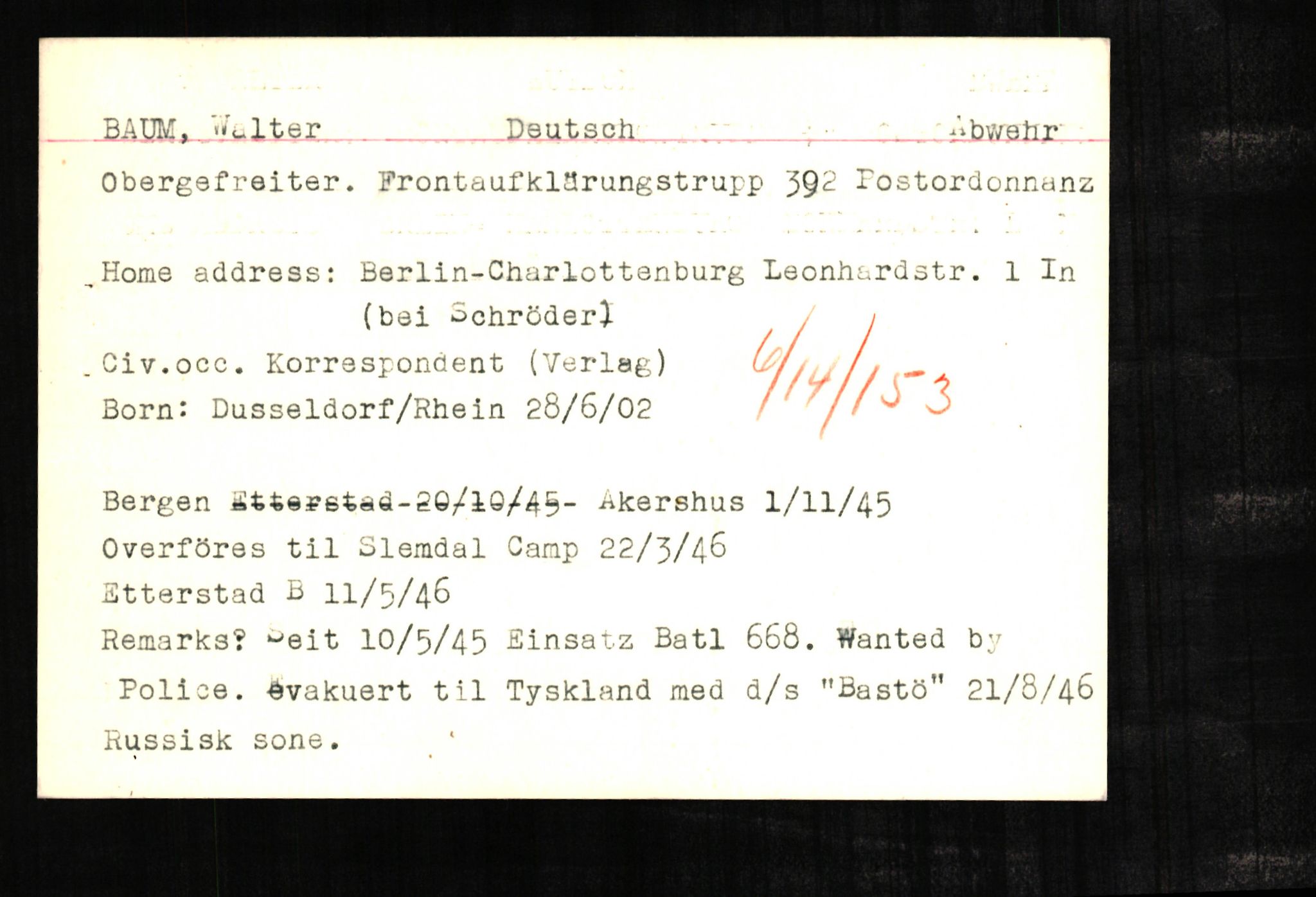 Forsvaret, Forsvarets overkommando II, AV/RA-RAFA-3915/D/Db/L0002: CI Questionaires. Tyske okkupasjonsstyrker i Norge. Tyskere., 1945-1946, p. 298