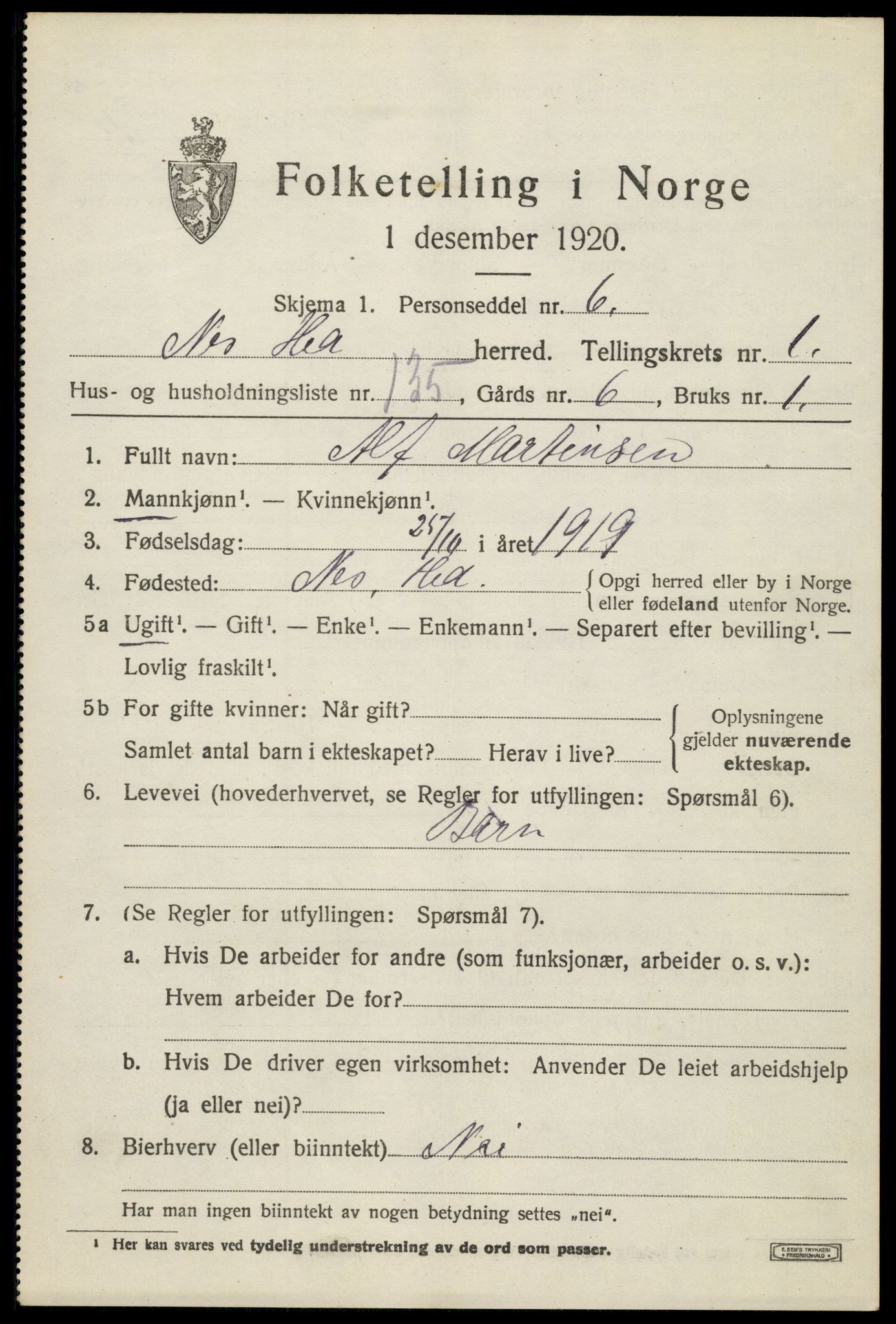 SAH, 1920 census for Nes (Hedmark), 1920, p. 2978