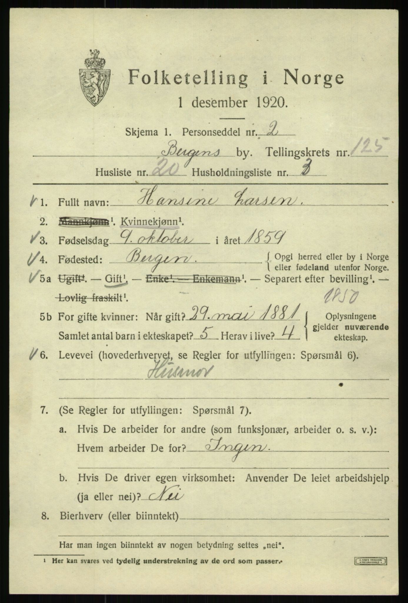 SAB, 1920 census for Bergen, 1920, p. 211408