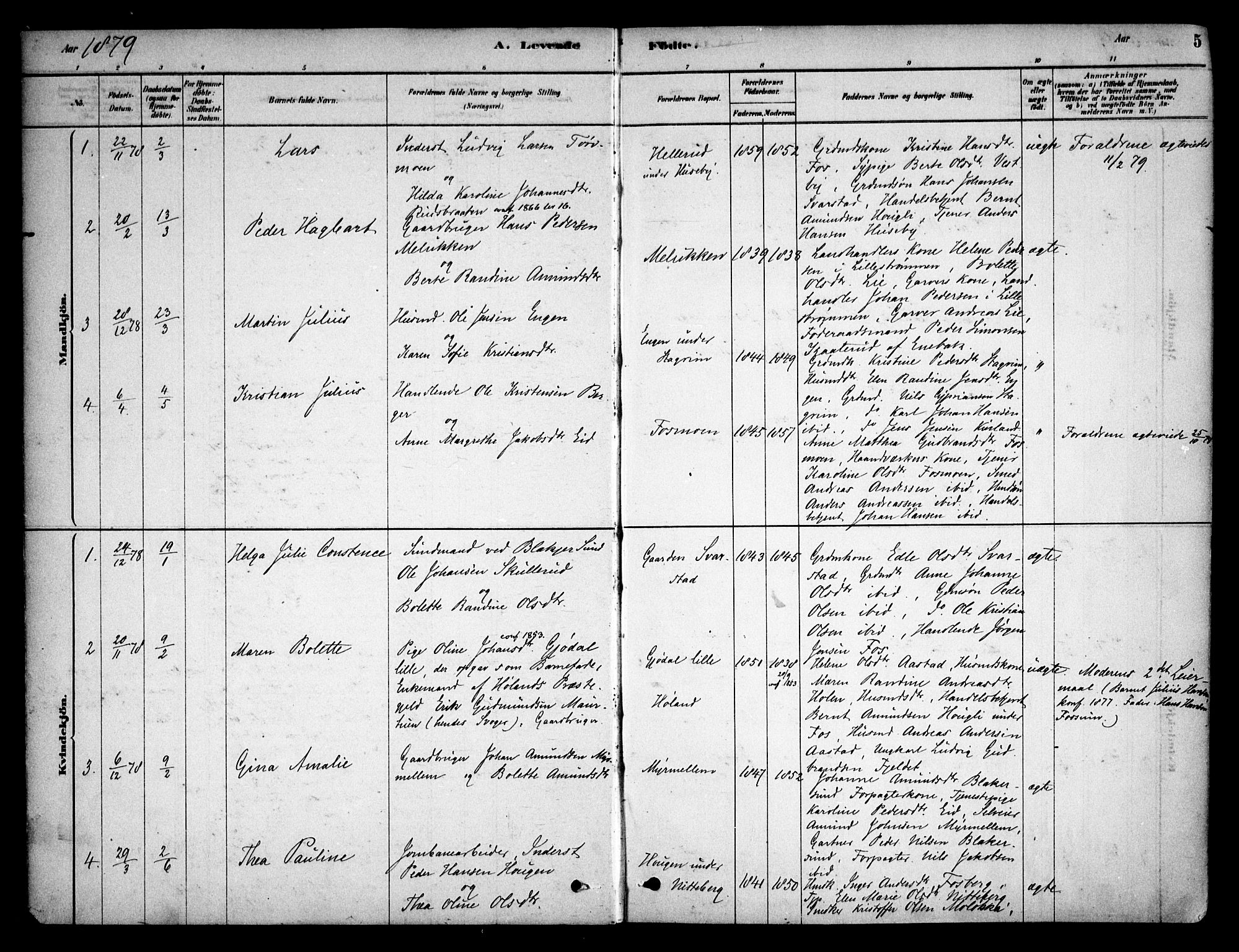 Aurskog prestekontor Kirkebøker, AV/SAO-A-10304a/F/Fb/L0001: Parish register (official) no. II 1, 1878-1909, p. 5