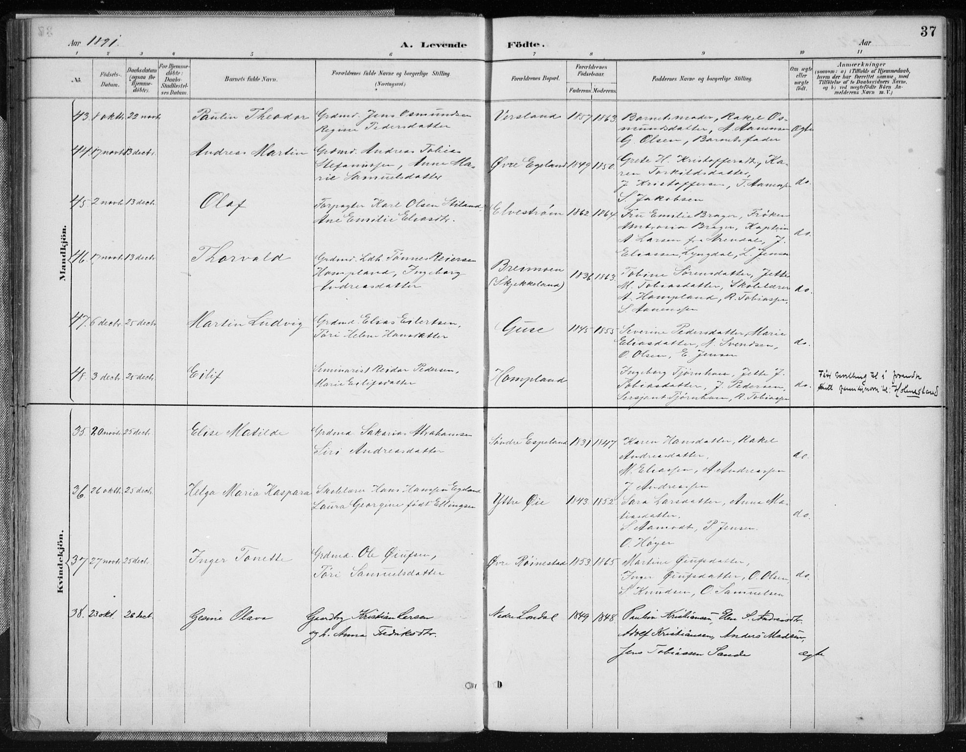 Kvinesdal sokneprestkontor, AV/SAK-1111-0026/F/Fa/Fab/L0008: Parish register (official) no. A 8, 1886-1897, p. 37