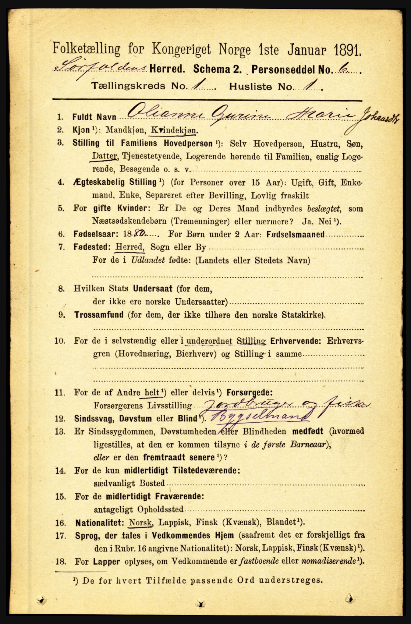 RA, 1891 census for 1845 Sørfold, 1891, p. 51