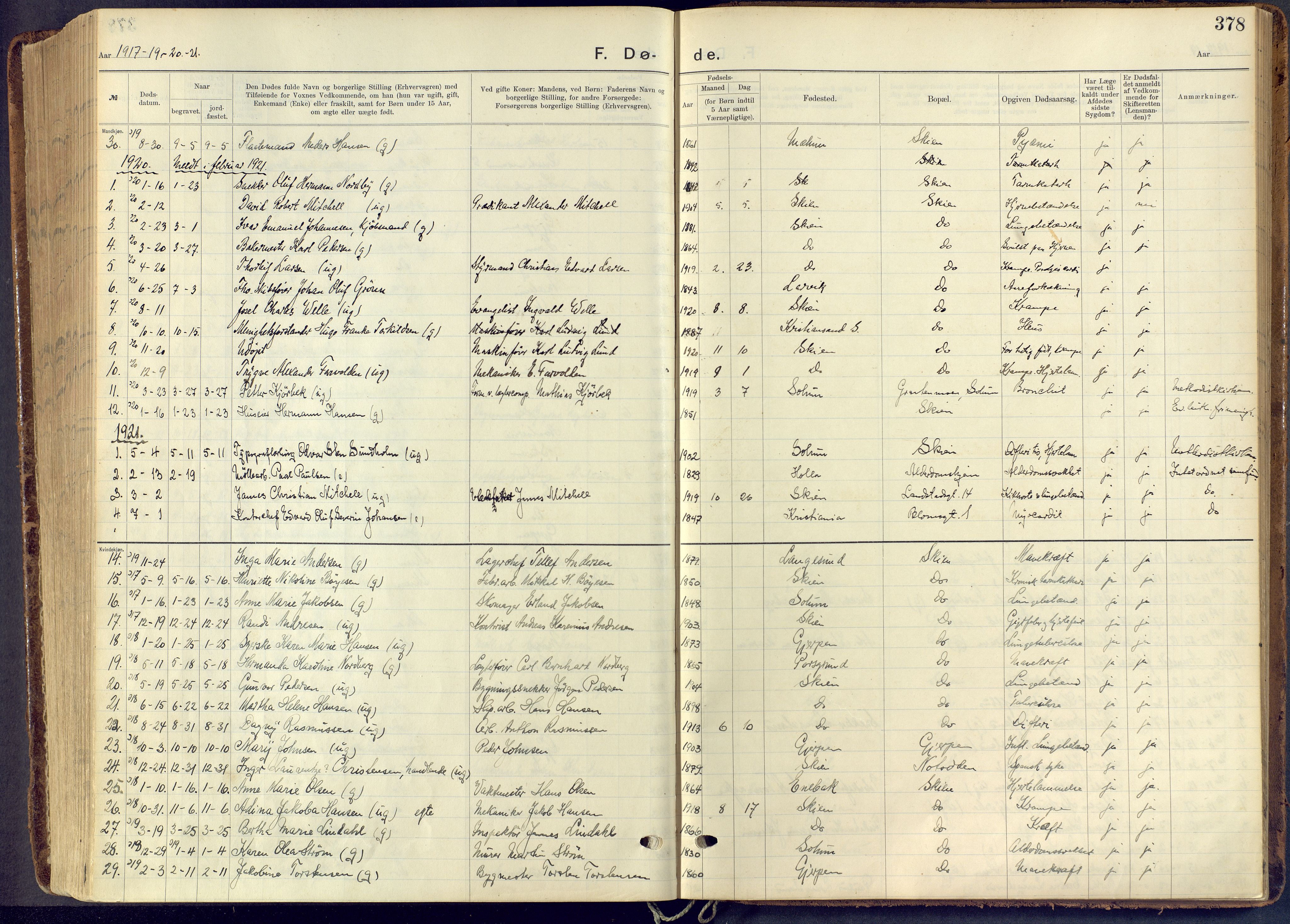 Skien kirkebøker, SAKO/A-302/F/Fa/L0013: Parish register (official) no. 13, 1915-1921, p. 378