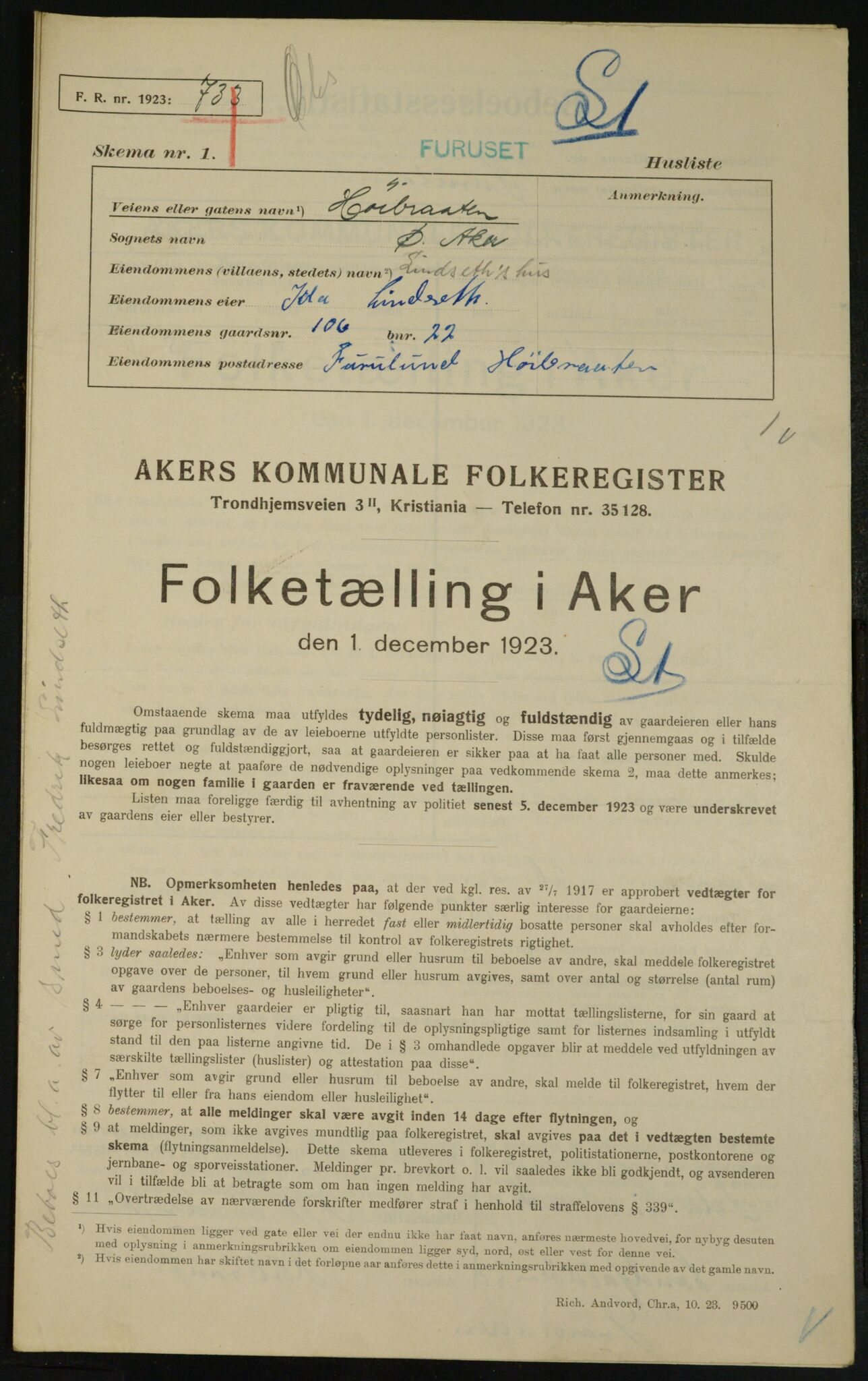 , Municipal Census 1923 for Aker, 1923, p. 24543