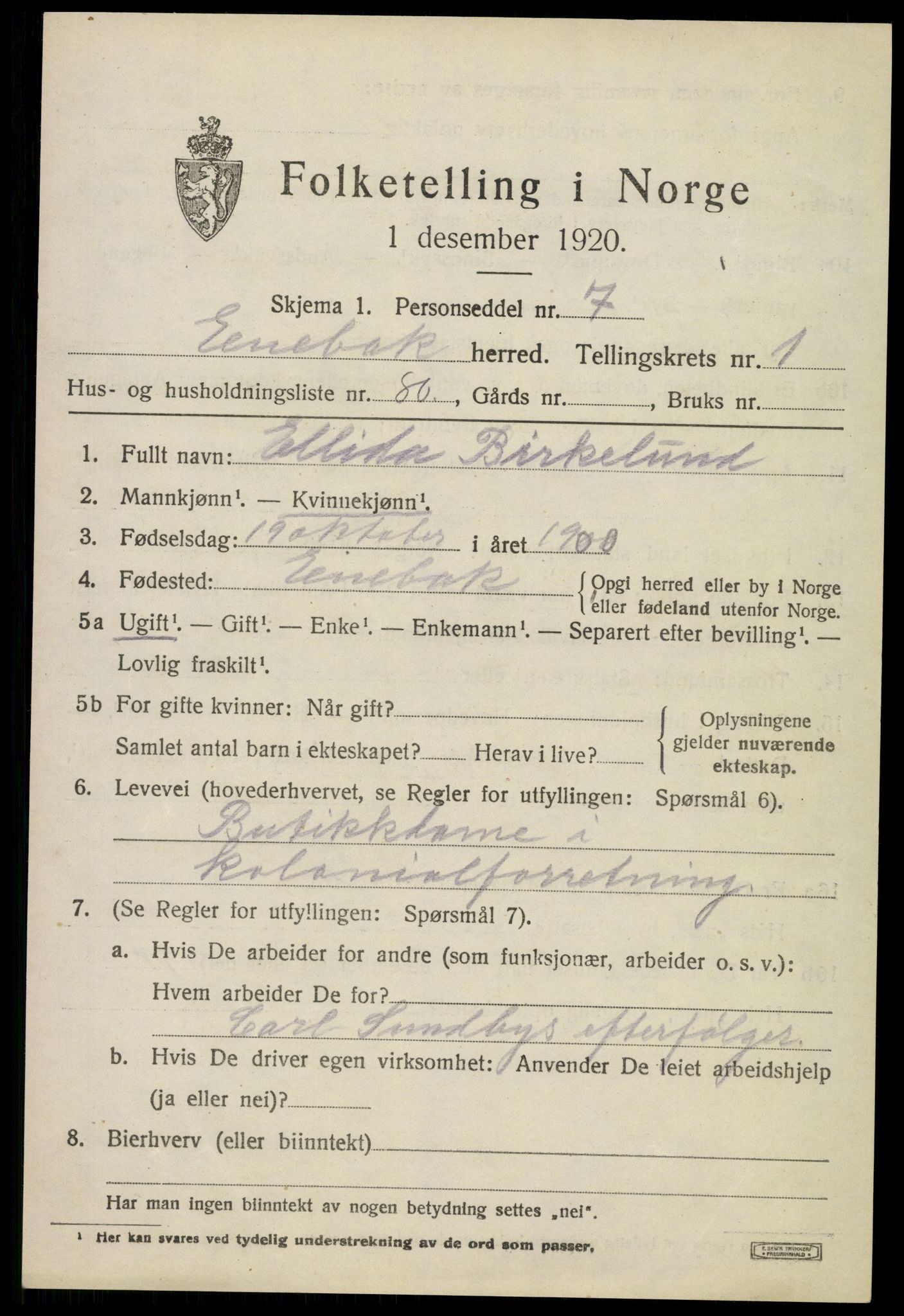 SAO, 1920 census for Enebakk, 1920, p. 2067