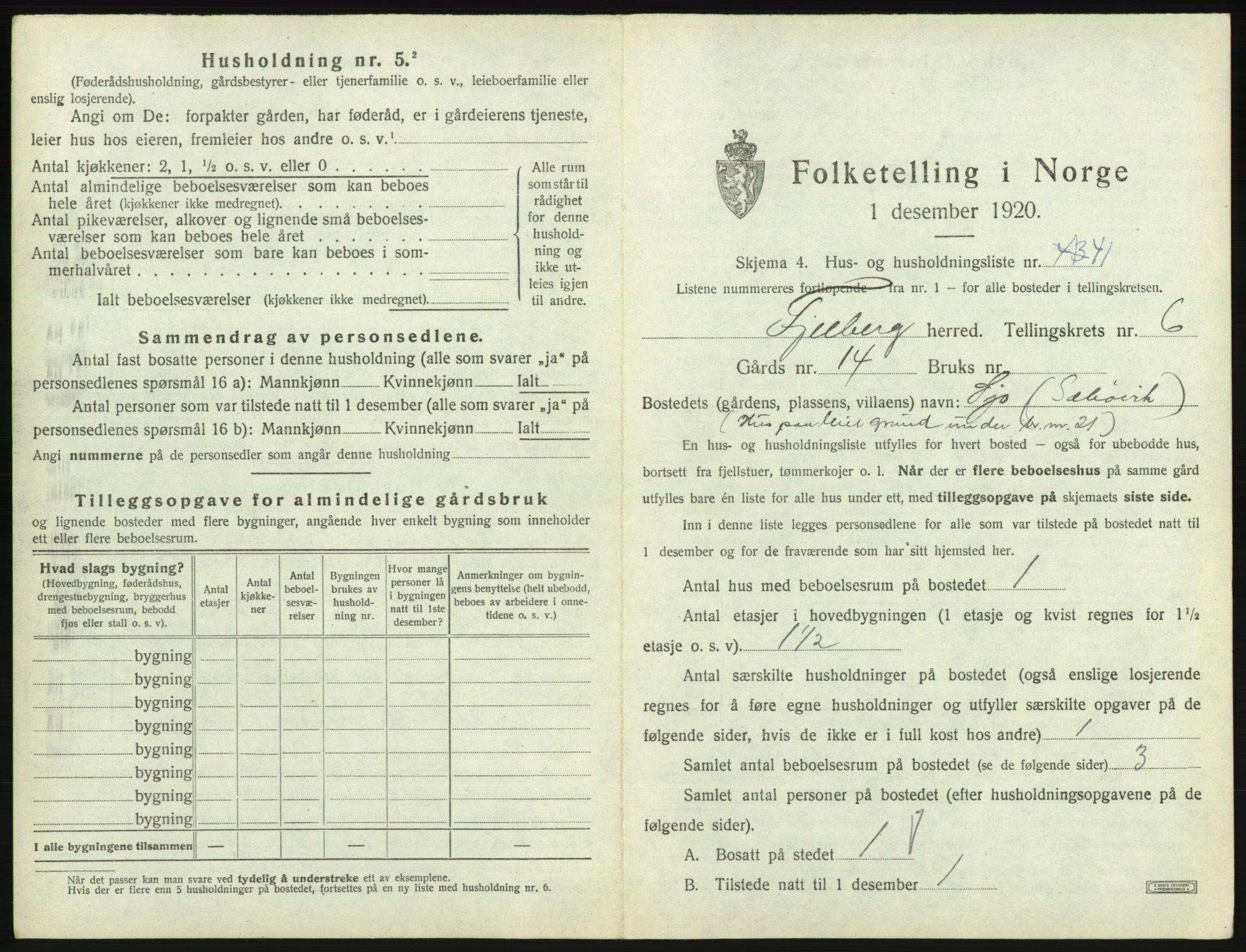 SAB, 1920 census for Fjelberg, 1920, p. 392