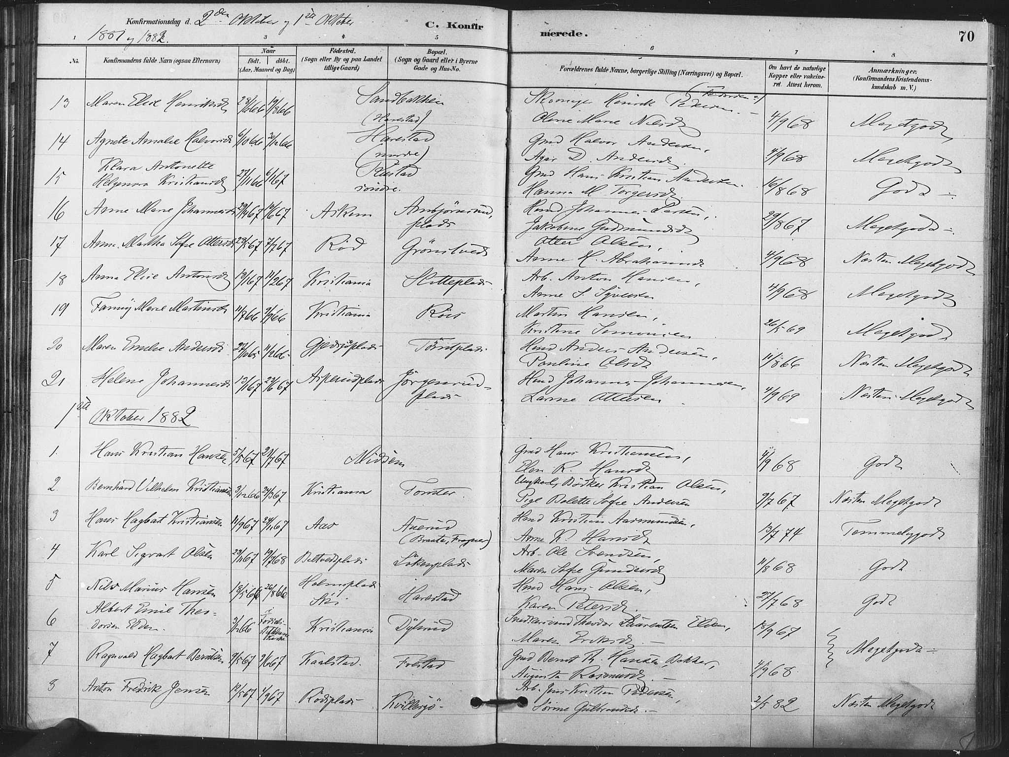 Kråkstad prestekontor Kirkebøker, AV/SAO-A-10125a/F/Fa/L0009: Parish register (official) no. I 9, 1880-1892, p. 70