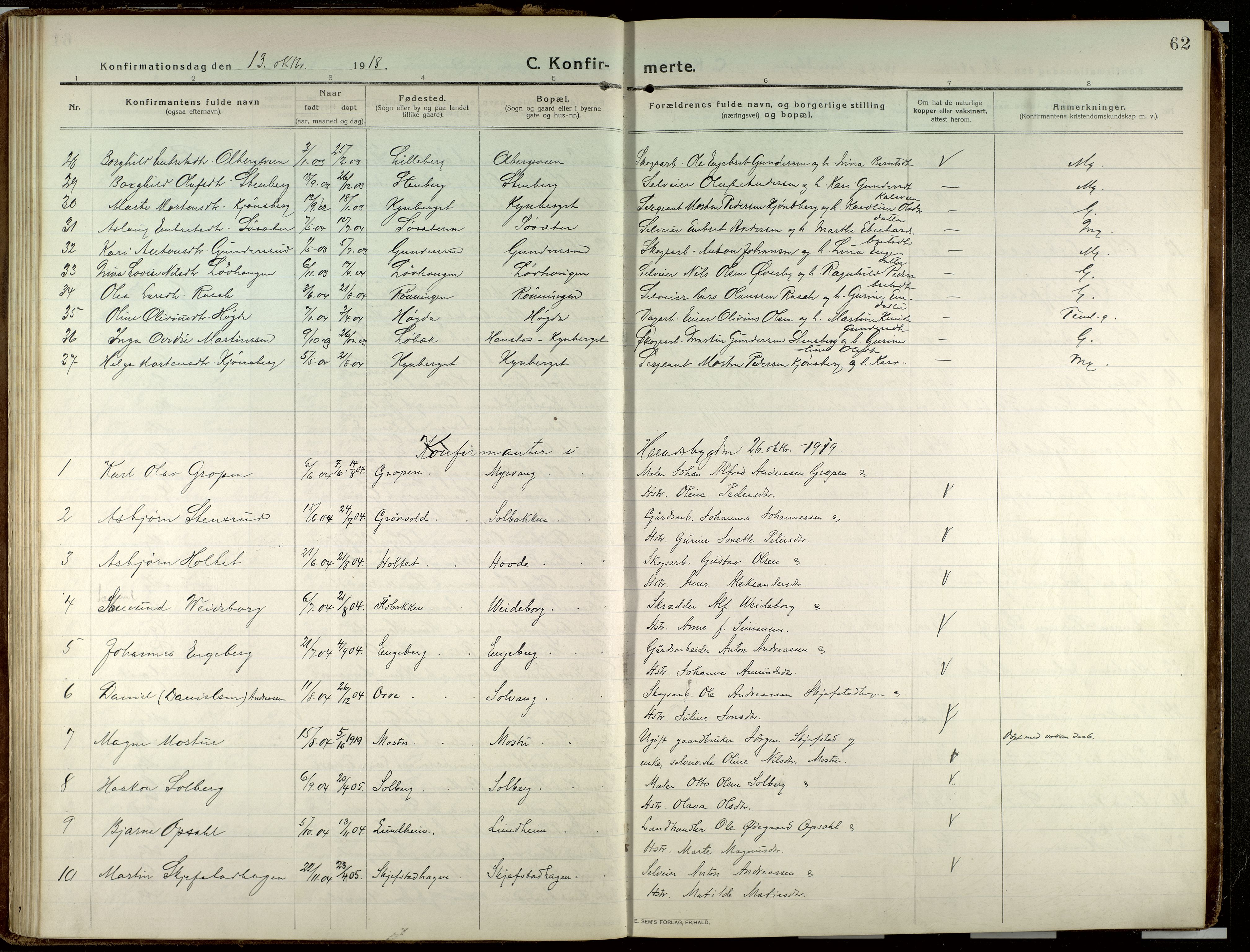 Elverum prestekontor, AV/SAH-PREST-044/H/Ha/Haa/L0023: Parish register (official) no. 23, 1914-1929, p. 62