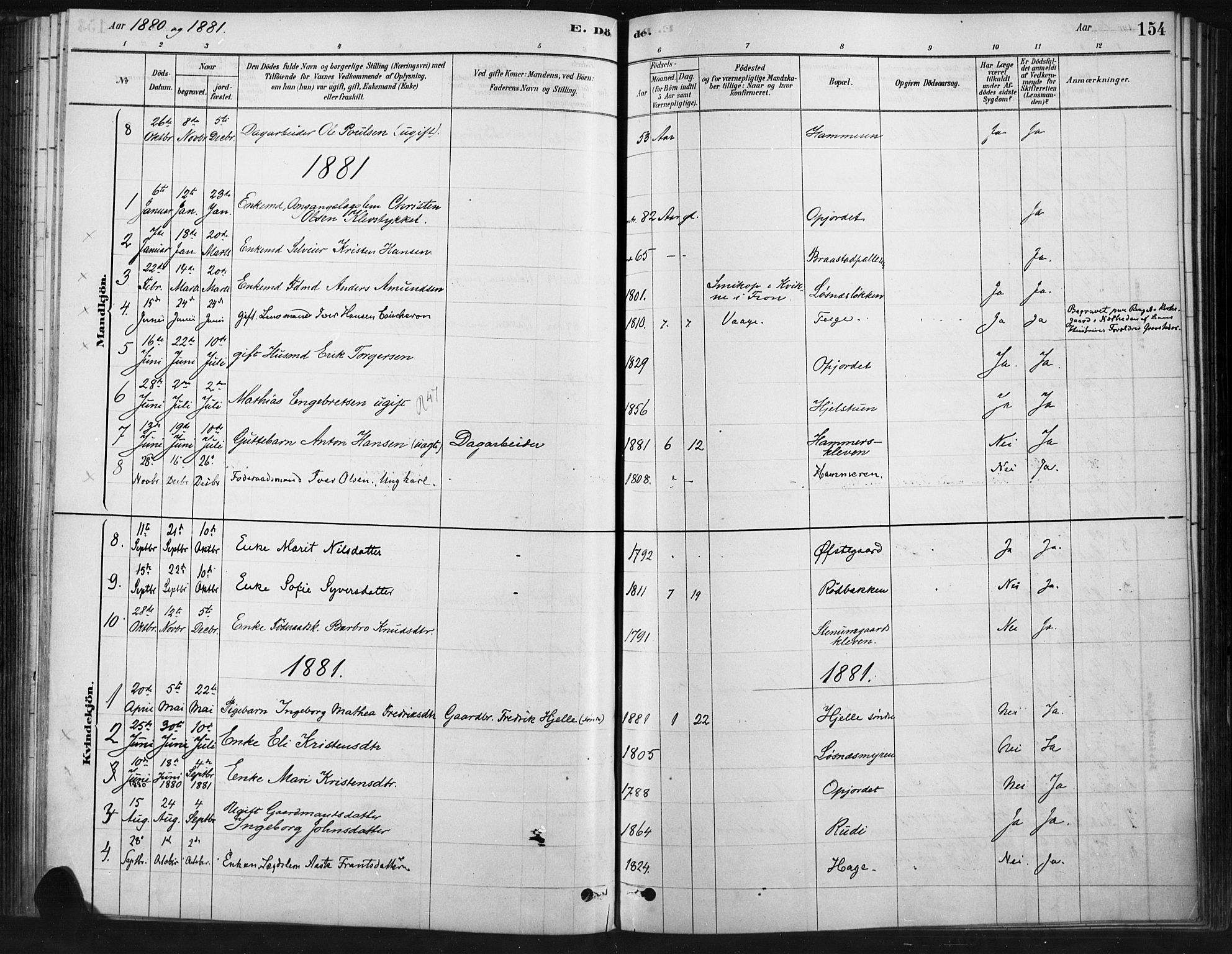 Ringebu prestekontor, SAH/PREST-082/H/Ha/Haa/L0009: Parish register (official) no. 9, 1878-1898, p. 154