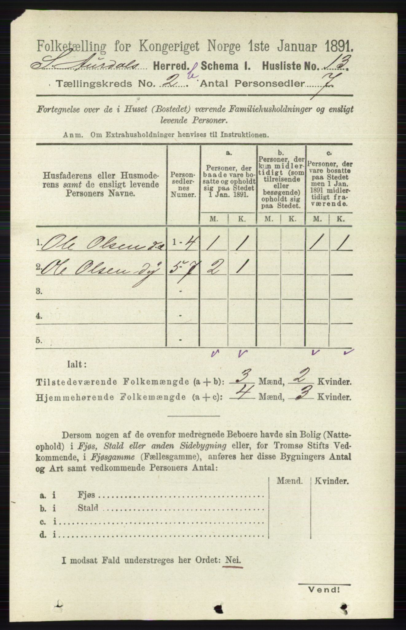 RA, 1891 census for 0540 Sør-Aurdal, 1891, p. 1448