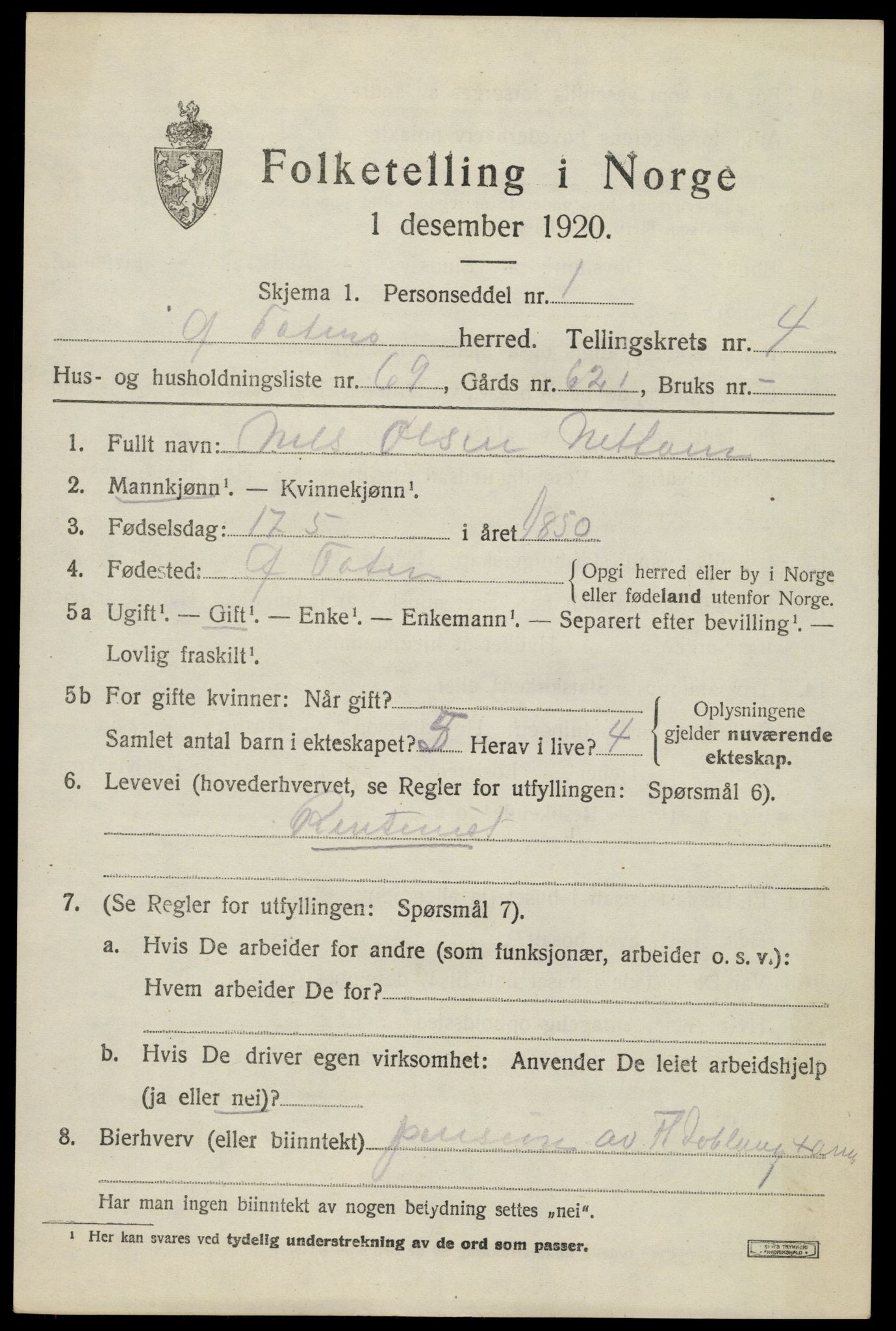 SAH, 1920 census for Østre Toten, 1920, p. 9382