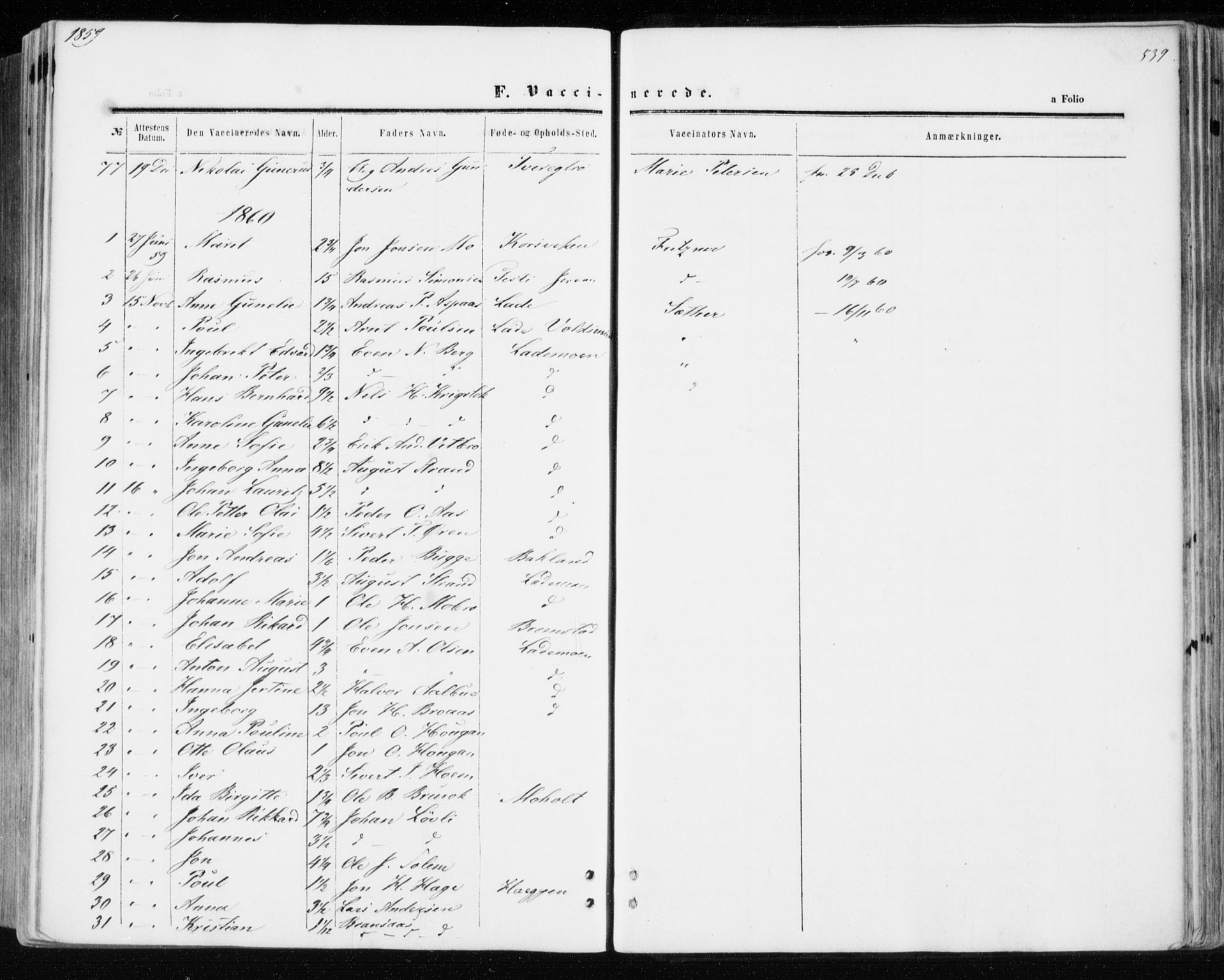 Ministerialprotokoller, klokkerbøker og fødselsregistre - Sør-Trøndelag, SAT/A-1456/606/L0292: Parish register (official) no. 606A07, 1856-1865, p. 539