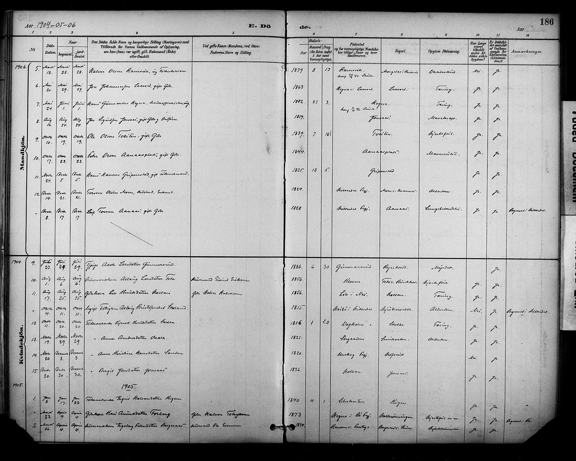 Sauherad kirkebøker, SAKO/A-298/F/Fa/L0009: Parish register (official) no. I 9, 1887-1912, p. 186