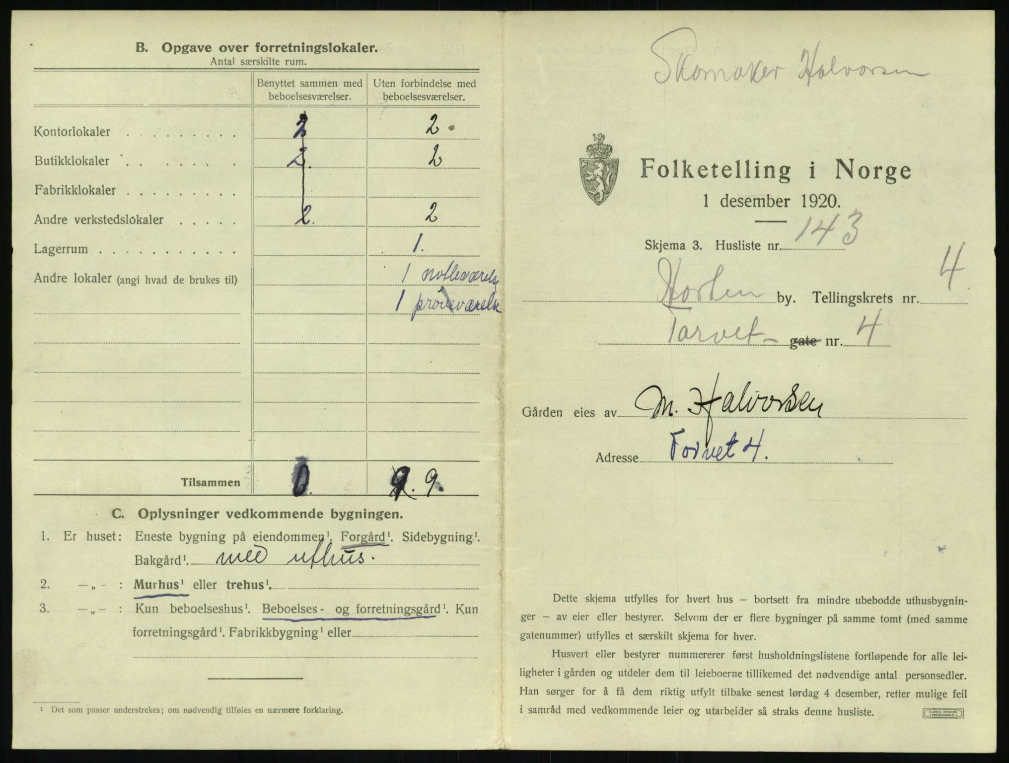 SAKO, 1920 census for Horten, 1920, p. 1505