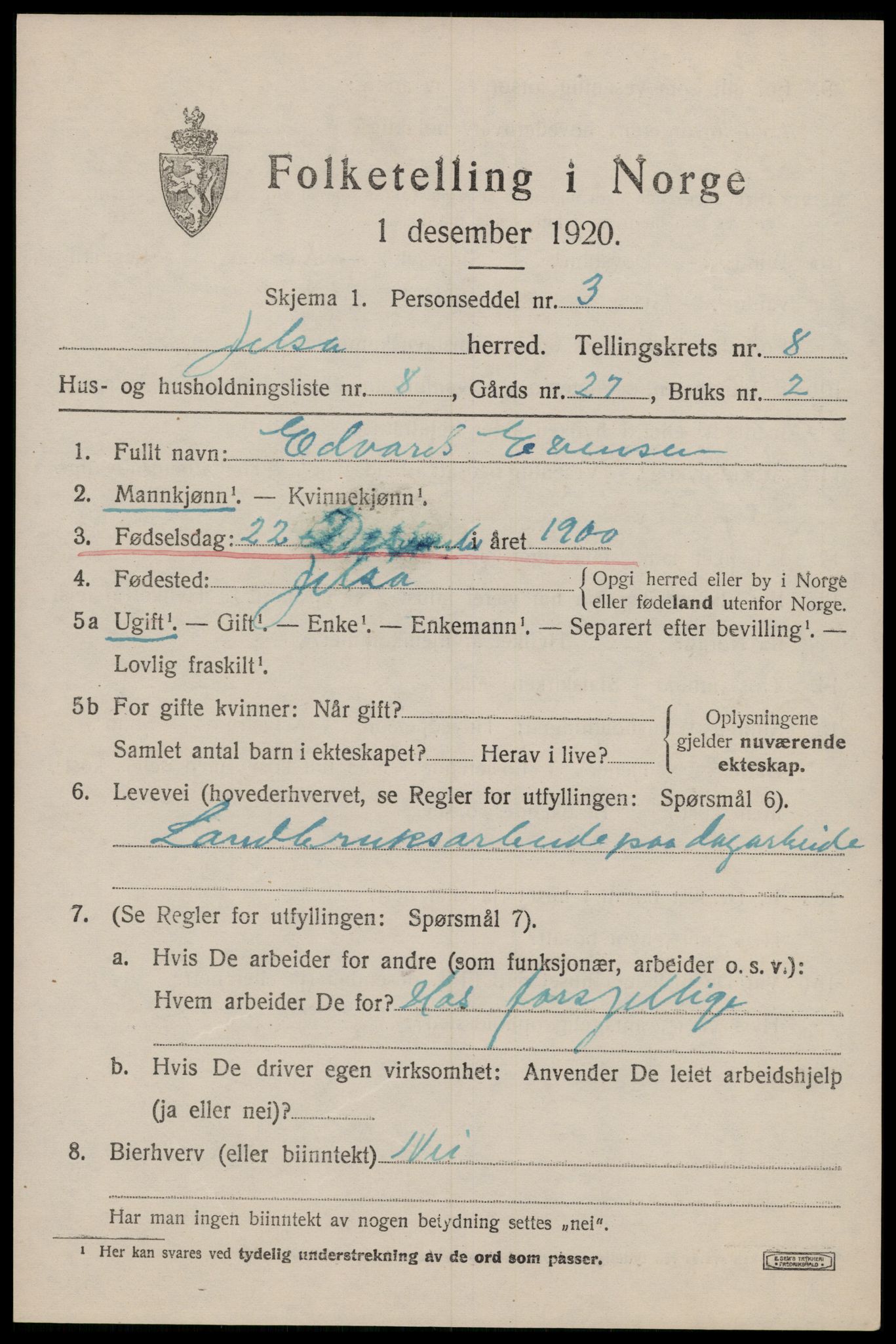 SAST, 1920 census for Jelsa, 1920, p. 2280