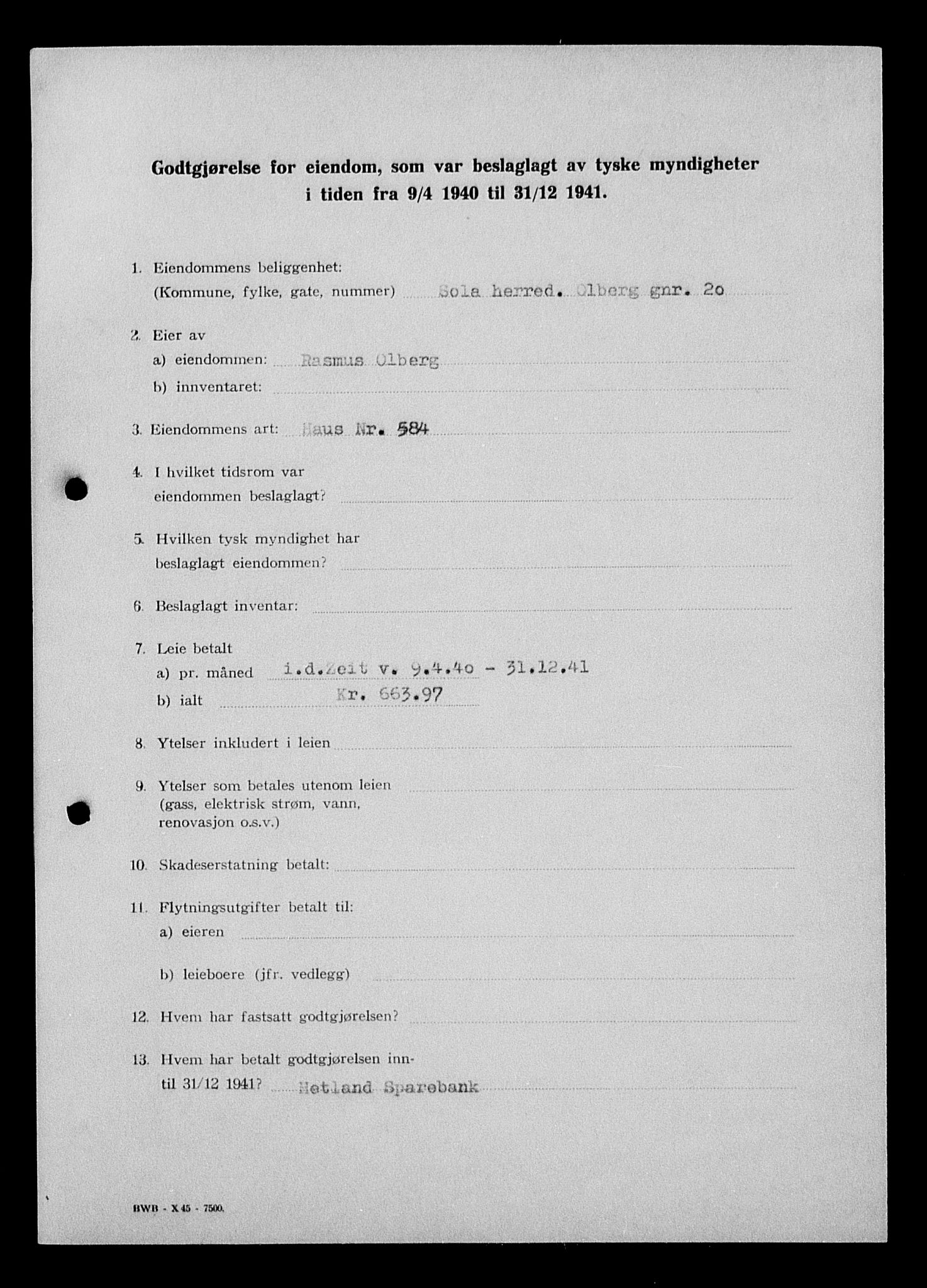Justisdepartementet, Tilbakeføringskontoret for inndratte formuer, AV/RA-S-1564/I/L1015: Godtgjørelse for beslaglagt eiendom, 1940-1941, p. 37