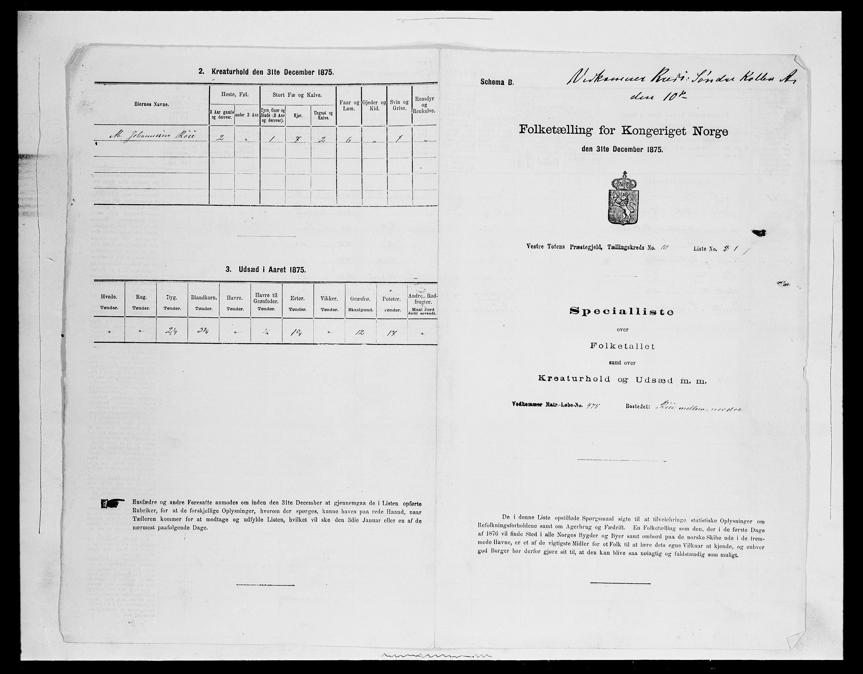 SAH, 1875 census for 0529P Vestre Toten, 1875, p. 1856